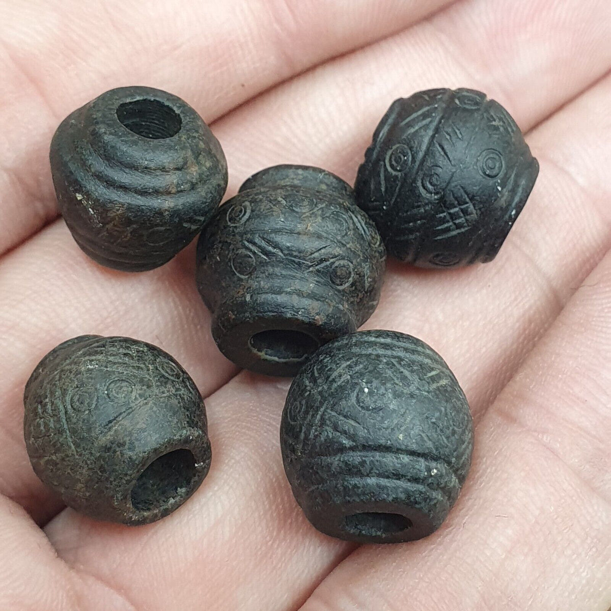 Ancient Or Antique Black Stone Decorative Bead — Hand Carved Beads  #Lot 5 Pcs