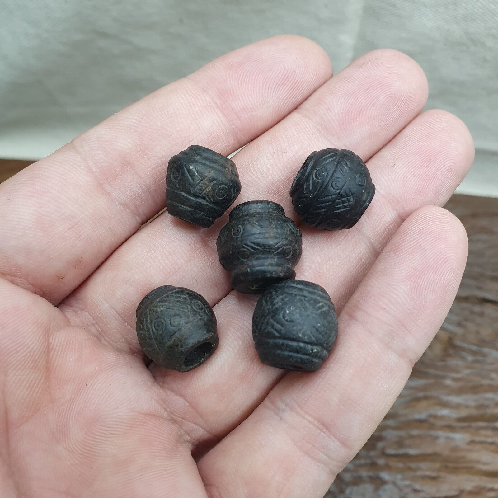 Ancient Or Antique Black Stone Decorative Bead — Hand Carved Beads  #Lot 5 Pcs
