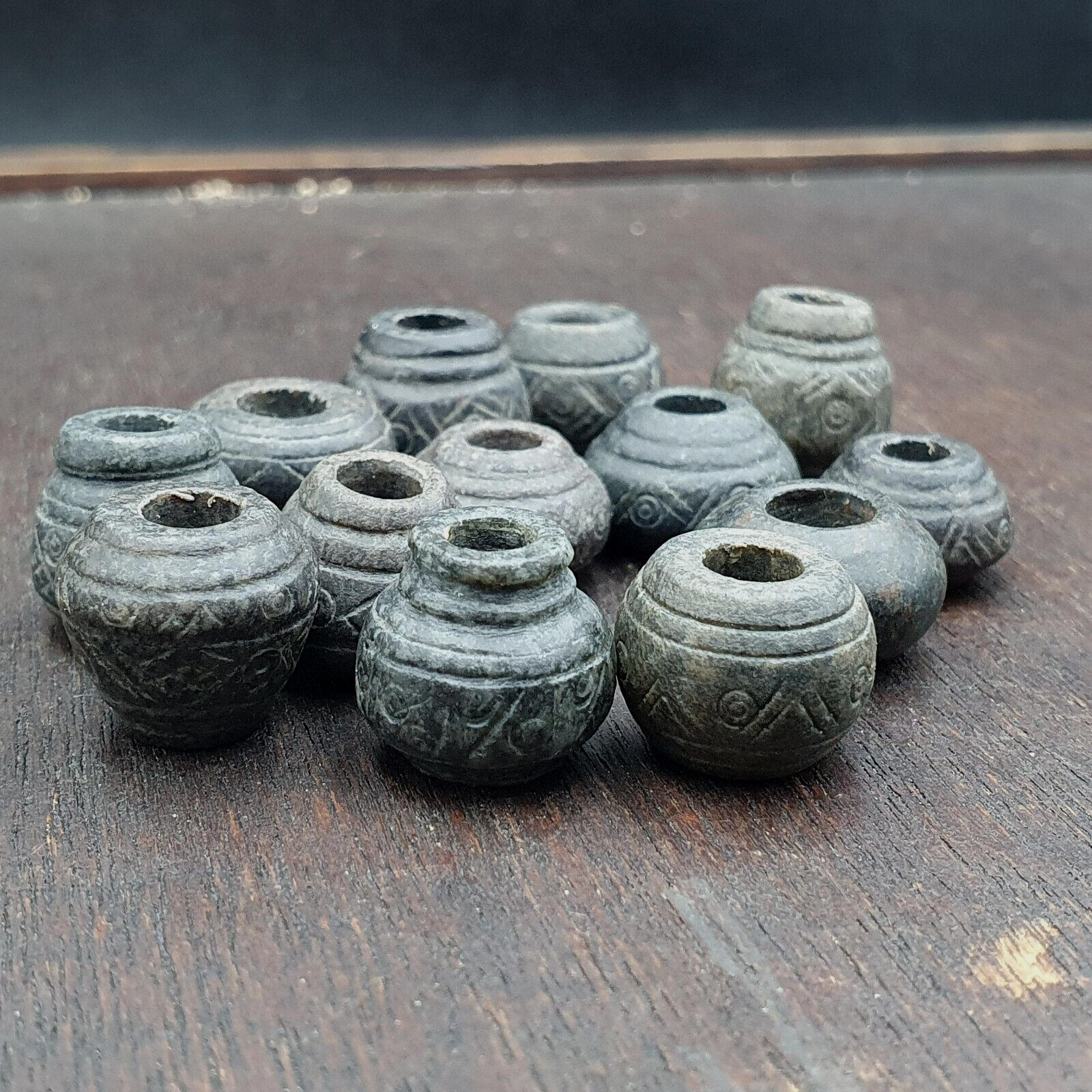 Antique Black Stone Decorative Bead — Hand Carved Beads  #Lot 13 Pcs