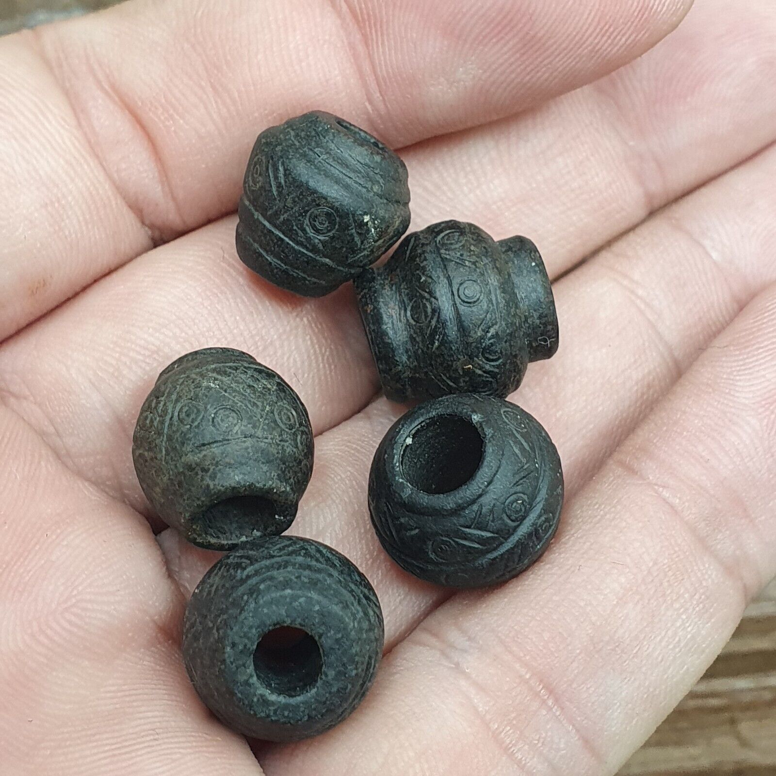 Ancient Or Antique Black Stone Decorative Bead — Hand Carved Beads  #Lot 5 Pcs