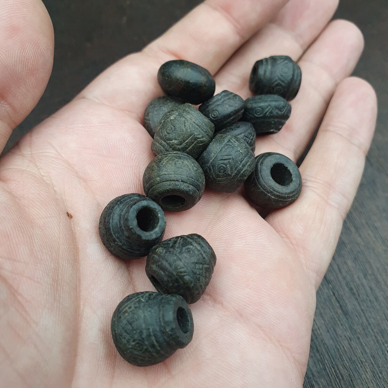 Antique Black Stone Decorative Bead — Hand Carved Beads  #Lot 13 Pcs