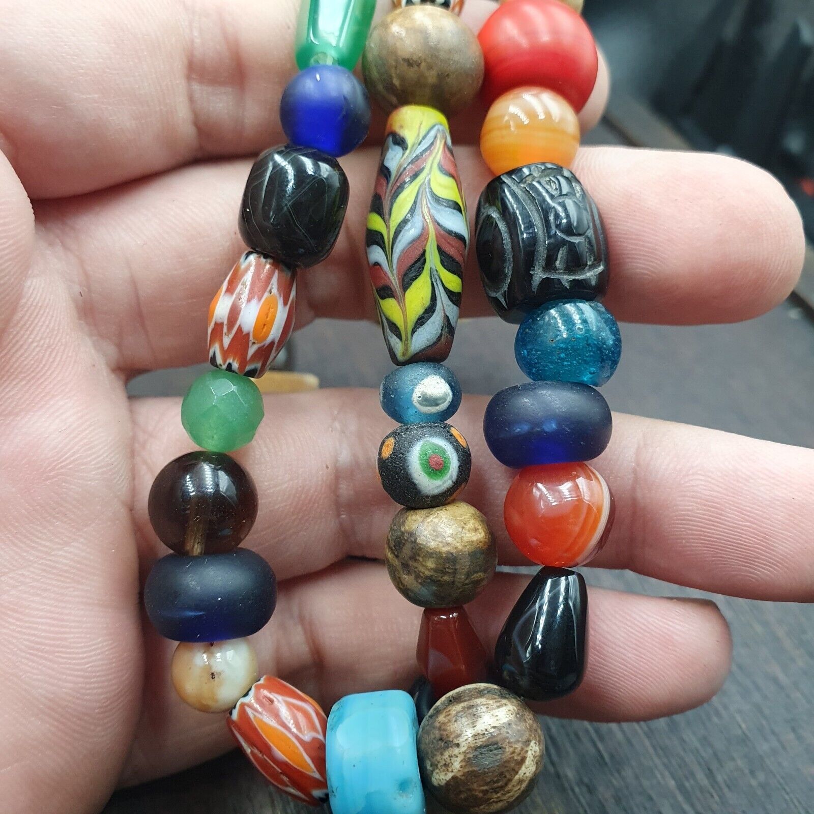 vintage Beads Lot MIX STONES Agate Carnelian Glass BEADS STRAND NECKLACE