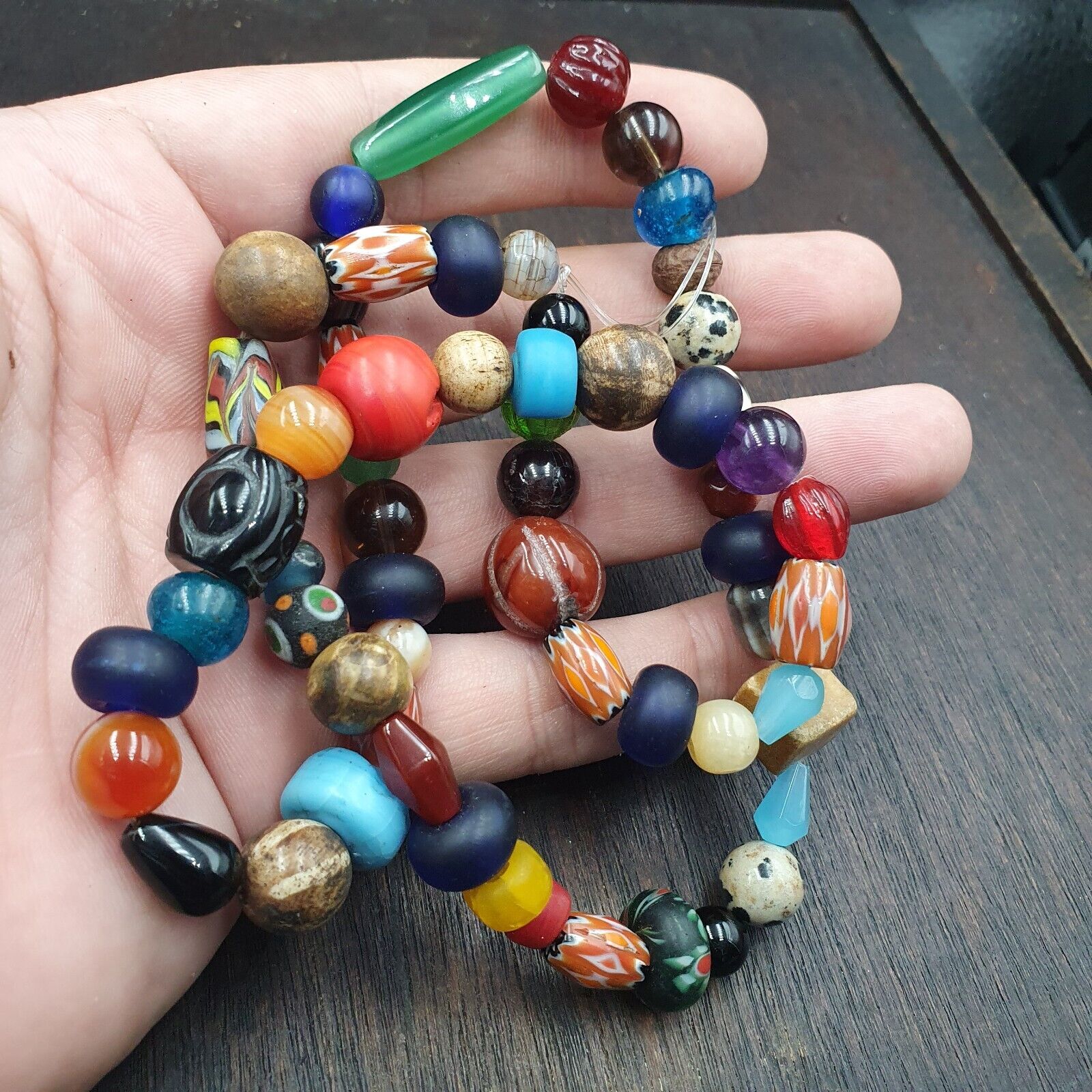 vintage Beads Lot MIX STONES Agate Carnelian Glass BEADS STRAND NECKLACE