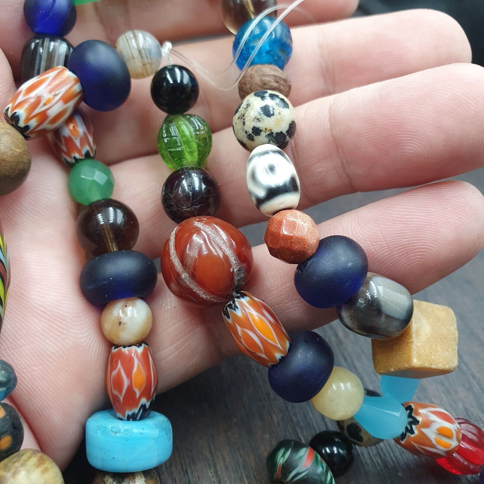 vintage Beads Lot MIX STONES Agate Carnelian Glass BEADS STRAND NECKLACE