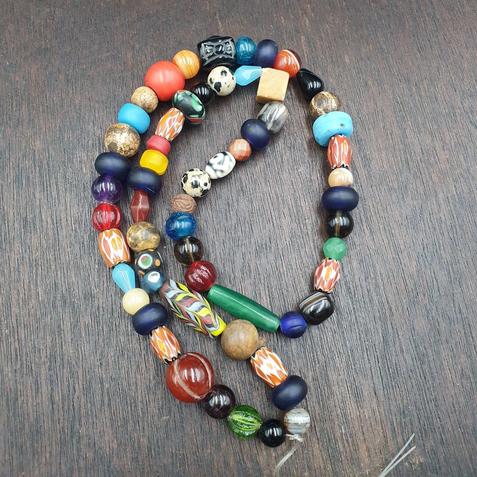 vintage Beads Lot MIX STONES Agate Carnelian Glass BEADS STRAND NECKLACE