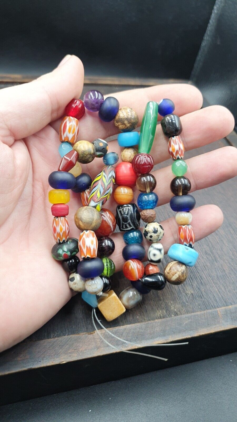 vintage Beads Lot MIX STONES Agate Carnelian Glass BEADS STRAND NECKLACE