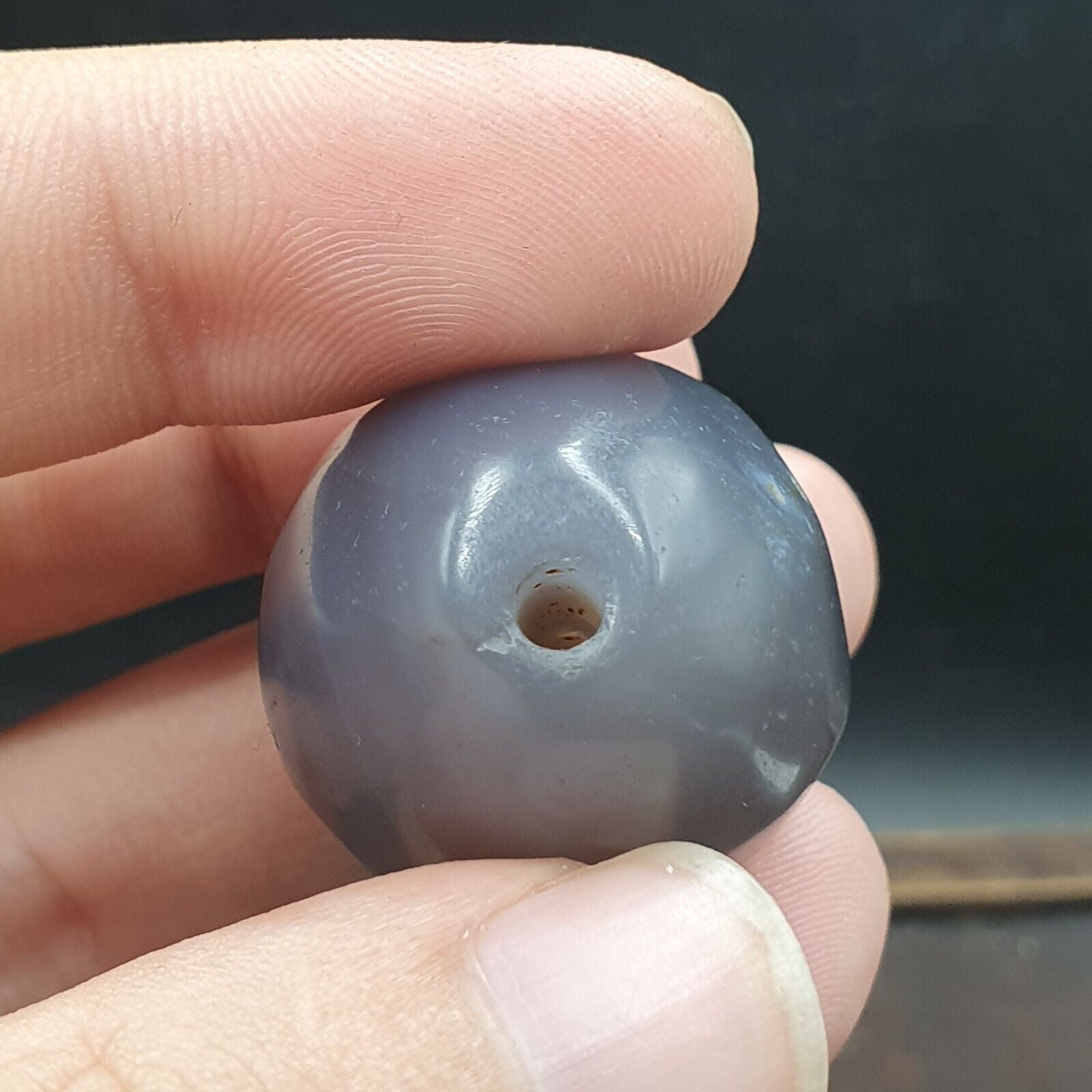 Antique Tibetan Bluish Gray Agate Bead Blue Chalcedony Big Bead.