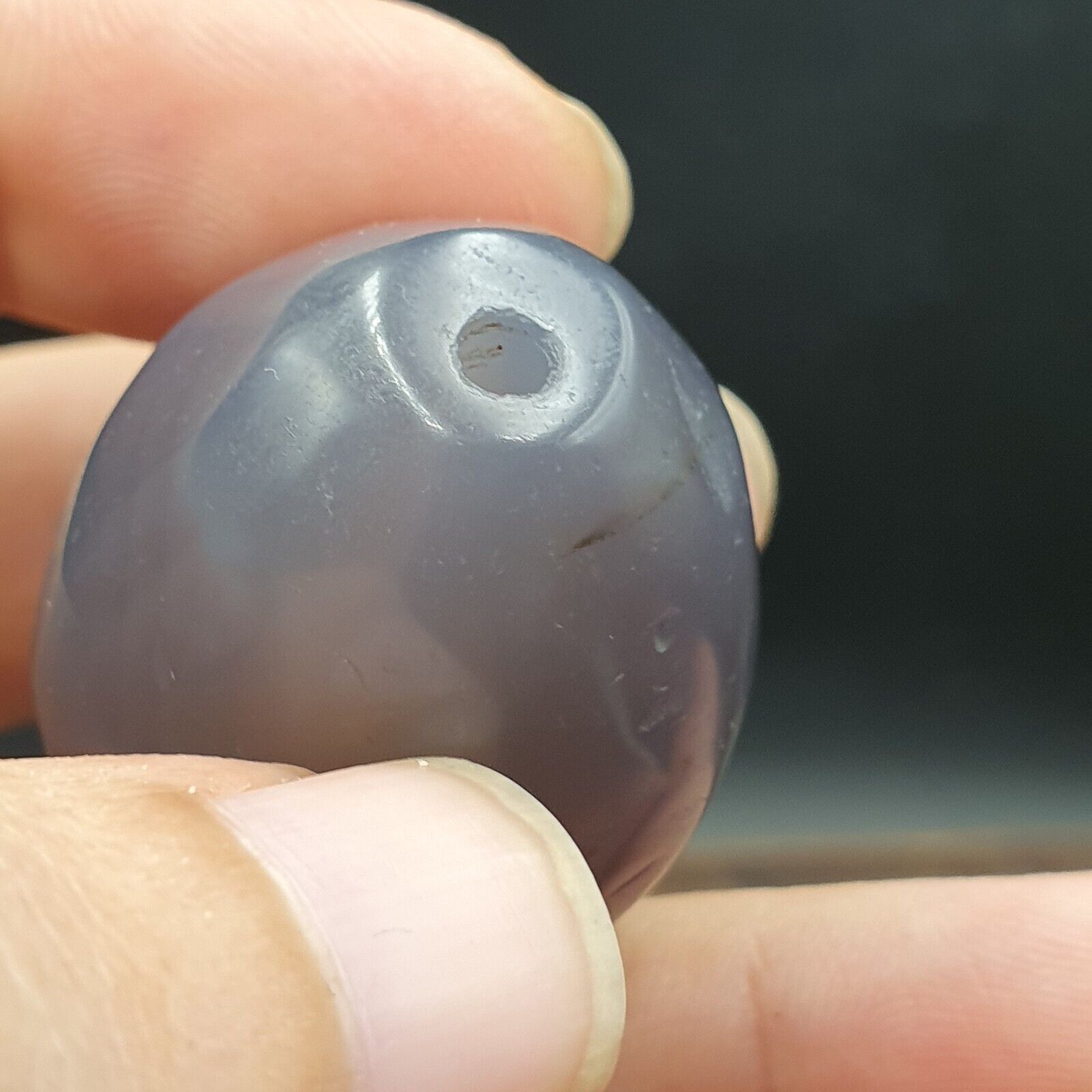 Antique Tibetan Bluish Gray Agate Bead Blue Chalcedony Big Bead.