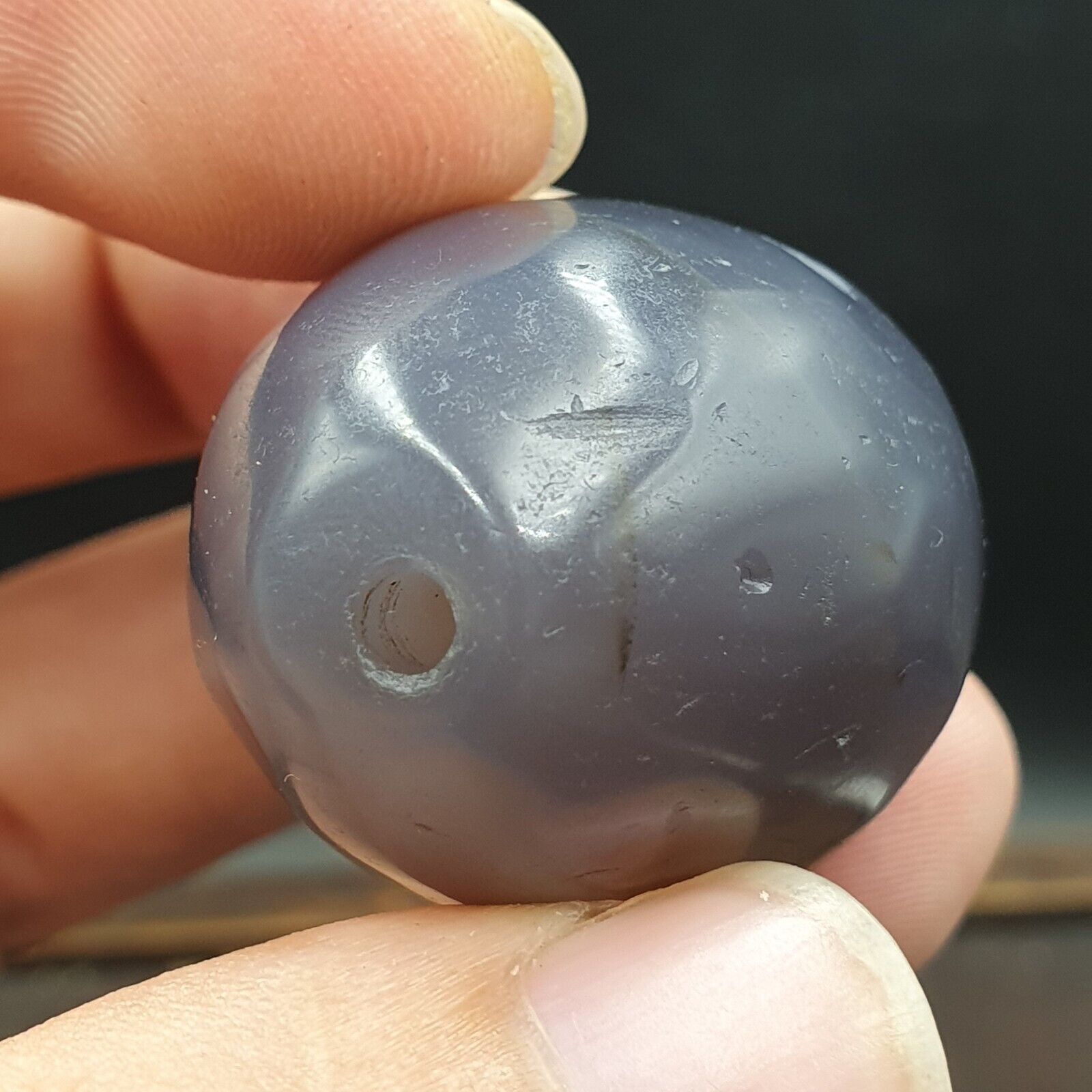 Antique Tibetan Bluish Gray Agate Bead Blue Chalcedony Big Bead.
