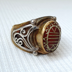Antique Tibetan Etched Agate Center Stone Silver Inlay Gold Plated brass Ring