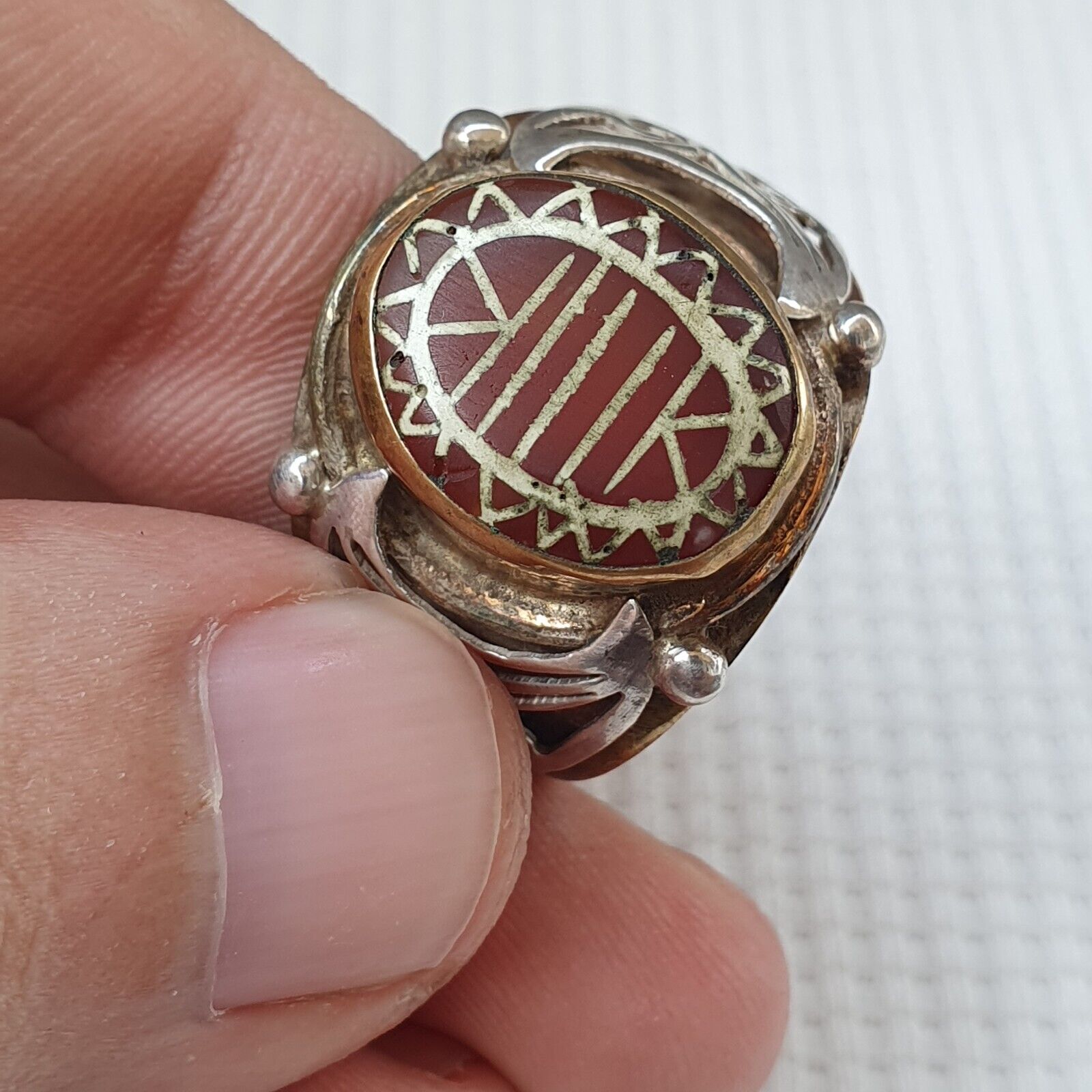 Antique Tibetan Etched Agate Center Stone Silver Inlay Gold Plated brass Ring