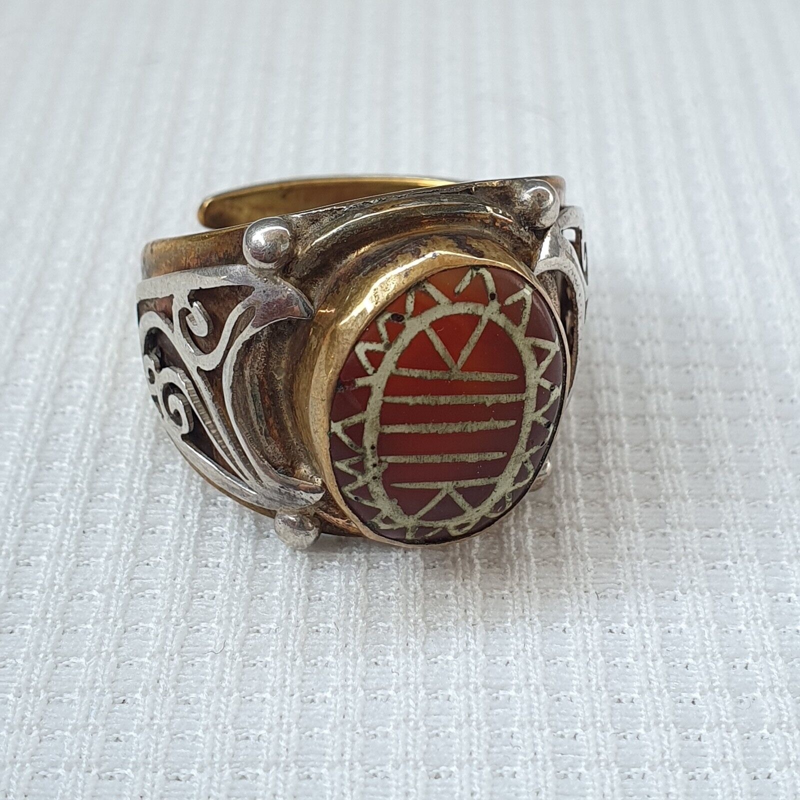 Antique Tibetan Etched Agate Center Stone Silver Inlay Gold Plated brass Ring