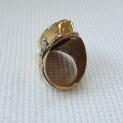 Antique Tibetan DZi 2 eye Agate Center Stone Silver Inlay Gold Plated brass Ring