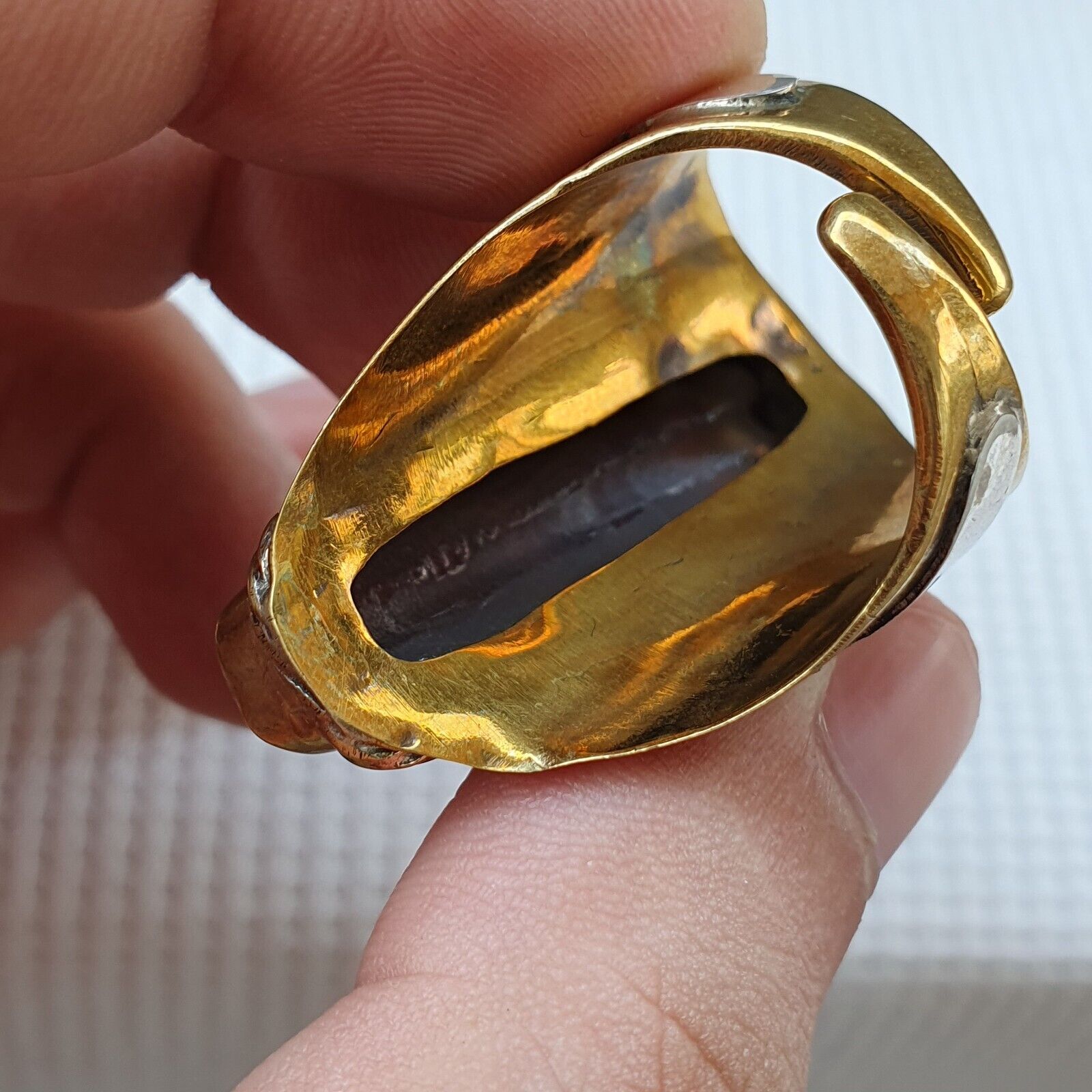 Antique Tibetan DZi 2 eye Agate Center Stone Silver Inlay Gold Plated brass Ring