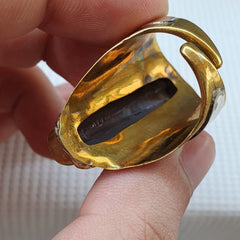 Antique Tibetan DZi 2 eye Agate Center Stone Silver Inlay Gold Plated brass Ring