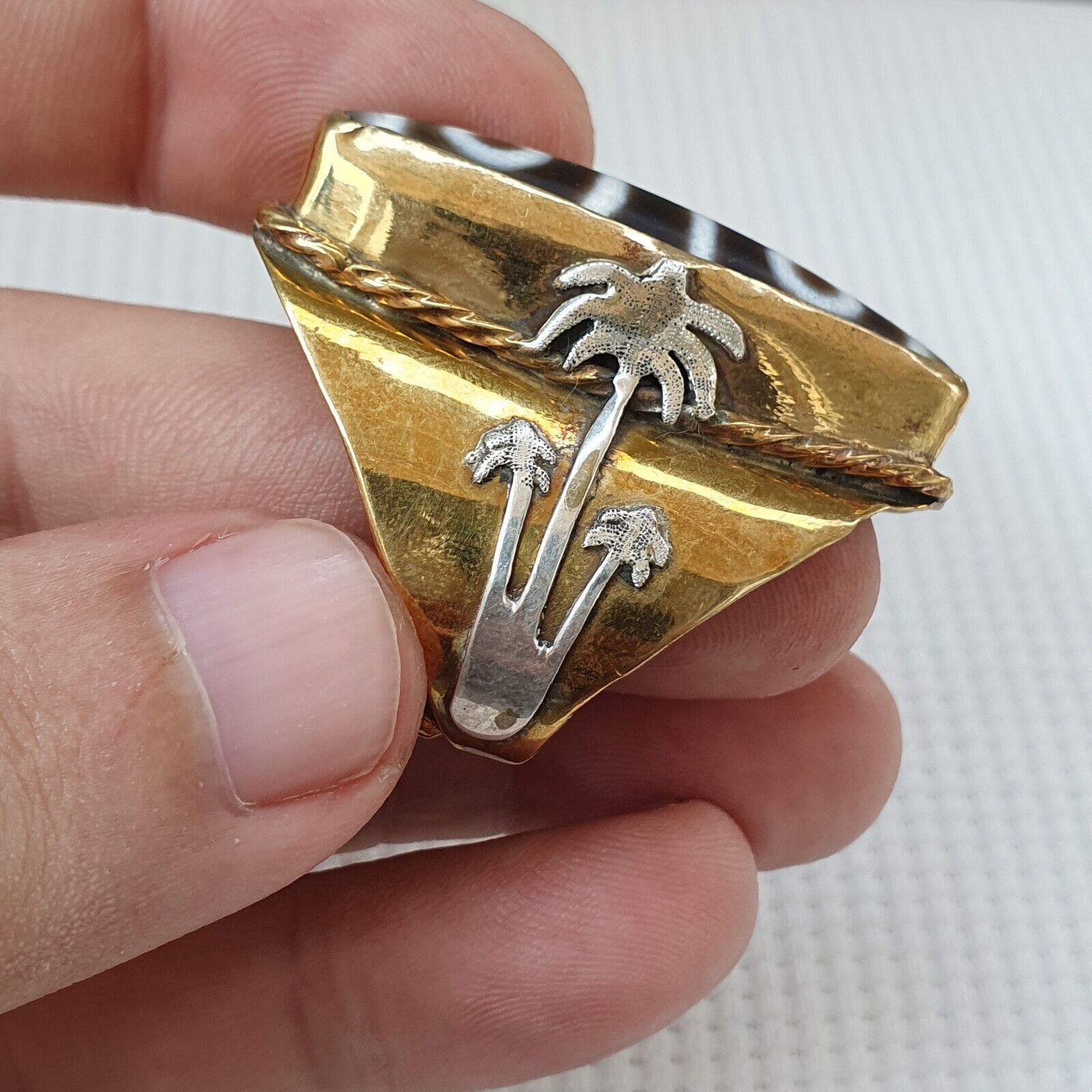 Antique Tibetan DZi 2 eye Agate Center Stone Silver Inlay Gold Plated brass Ring