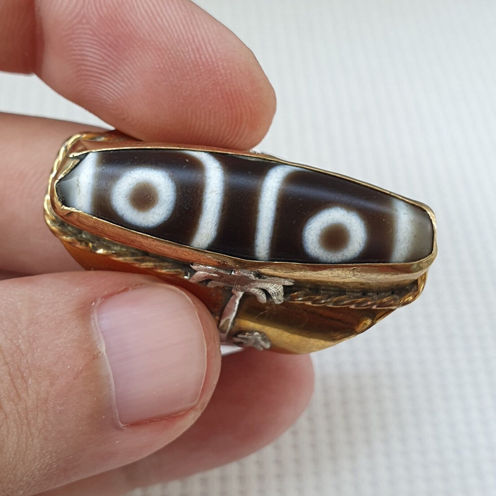 Antique Tibetan DZi 2 eye Agate Center Stone Silver Inlay Gold Plated brass Ring