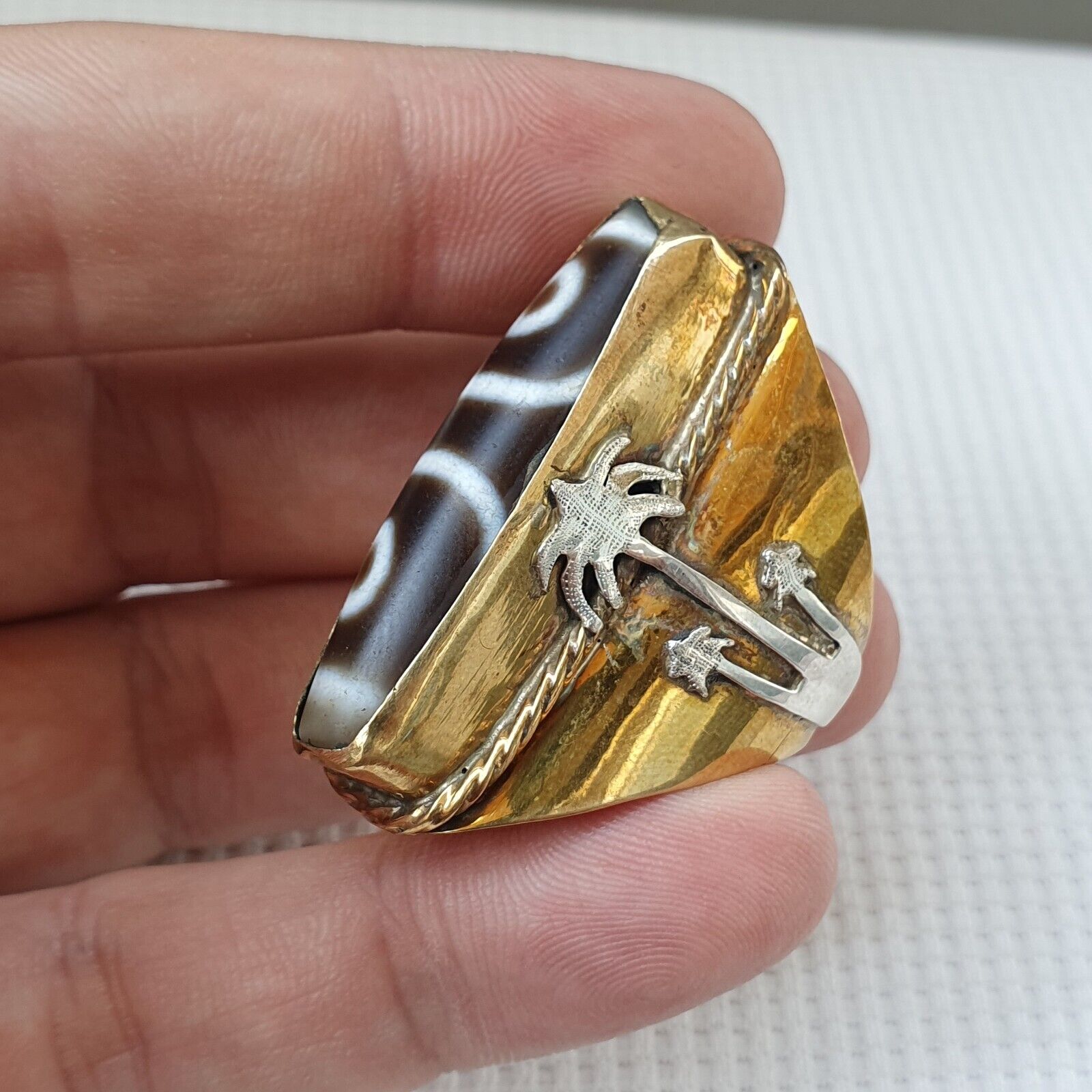 Antique Tibetan DZi 2 eye Agate Center Stone Silver Inlay Gold Plated brass Ring