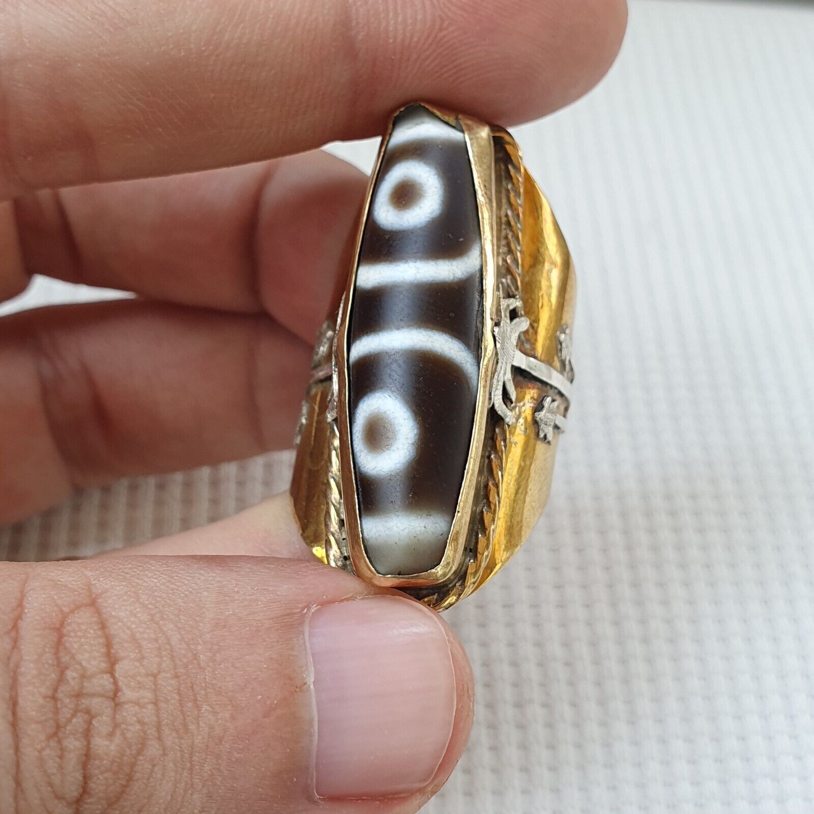 Antique Tibetan DZi 2 eye Agate Center Stone Silver Inlay Gold Plated brass Ring