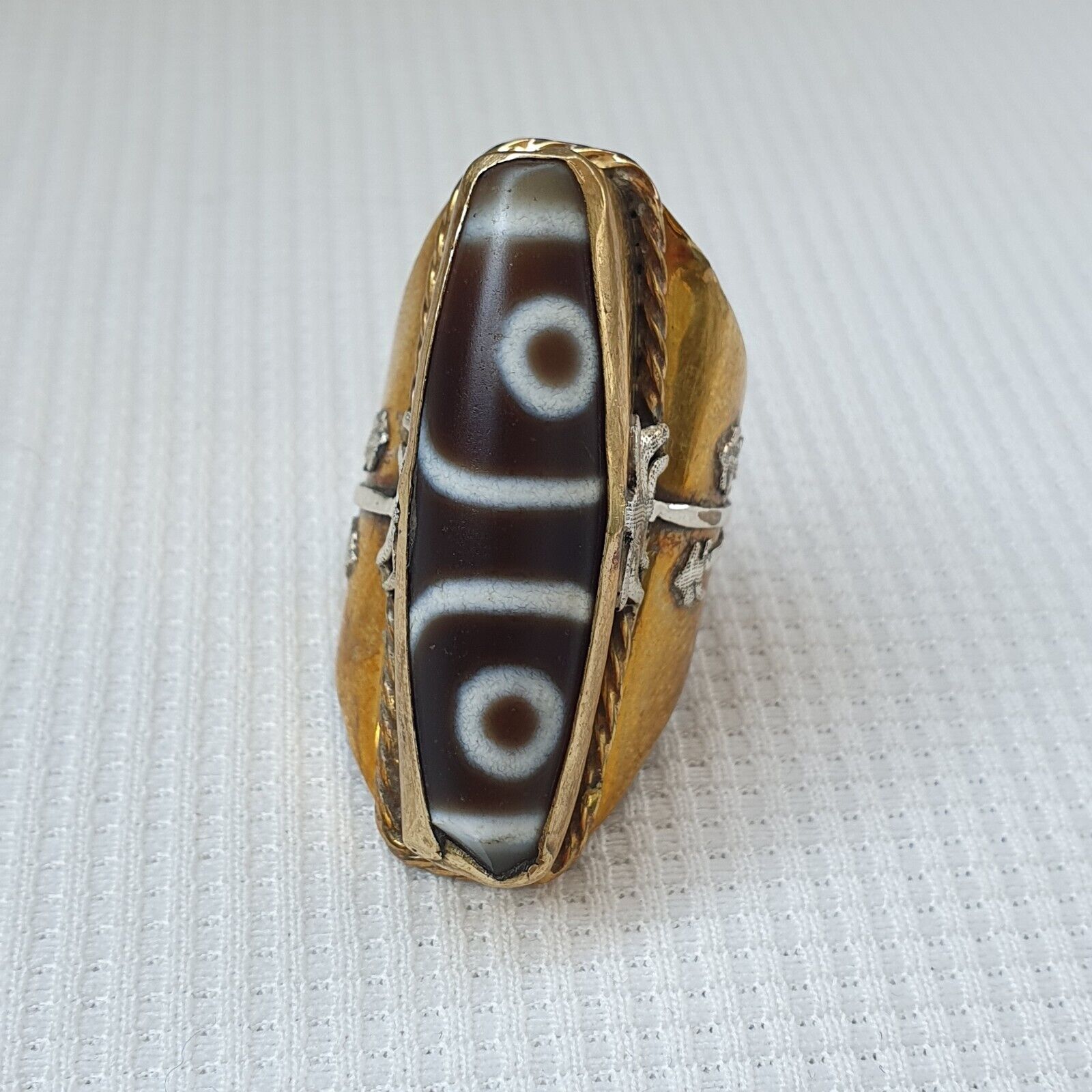 Antique Tibetan DZi 2 eye Agate Center Stone Silver Inlay Gold Plated brass Ring