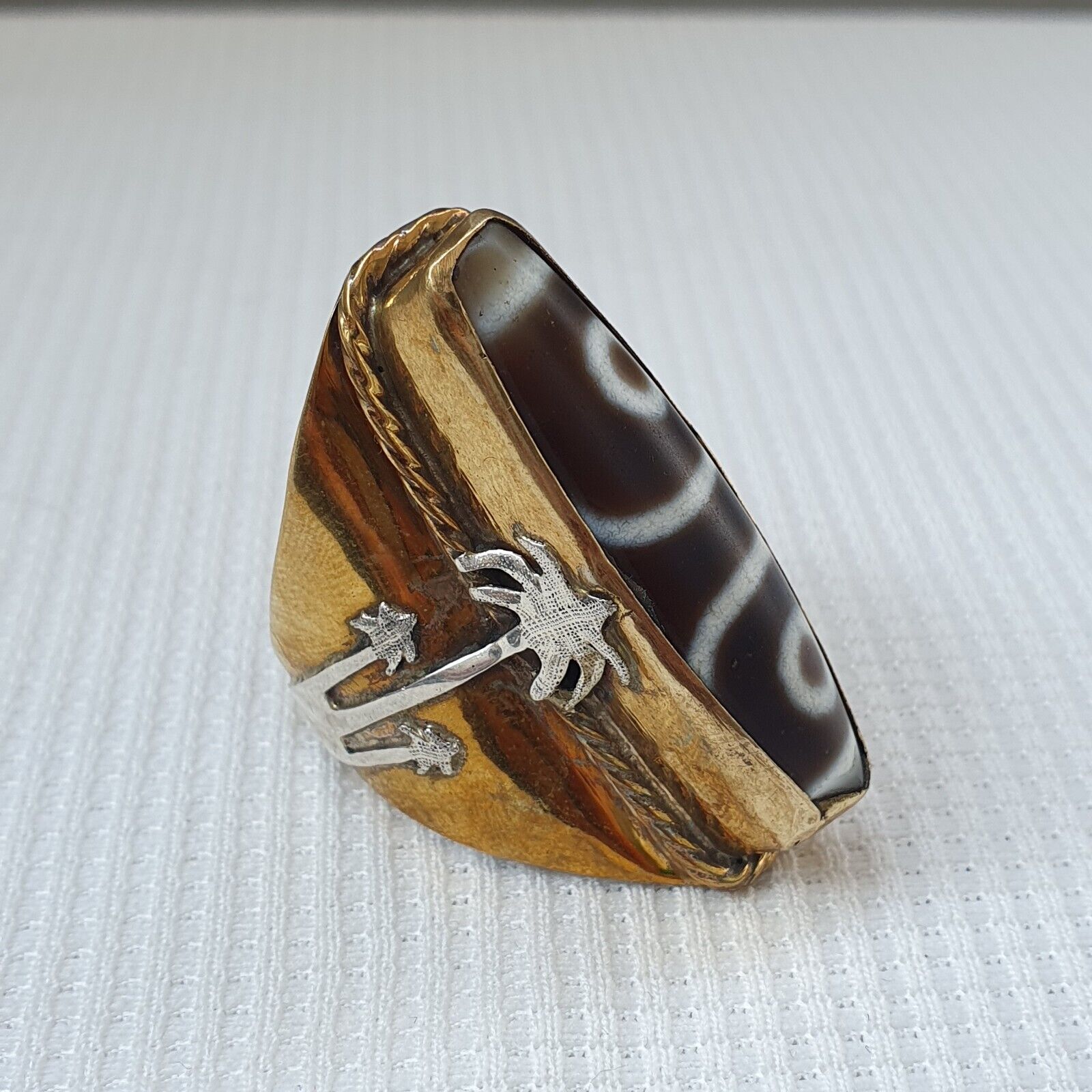 Antique Tibetan DZi 2 eye Agate Center Stone Silver Inlay Gold Plated brass Ring
