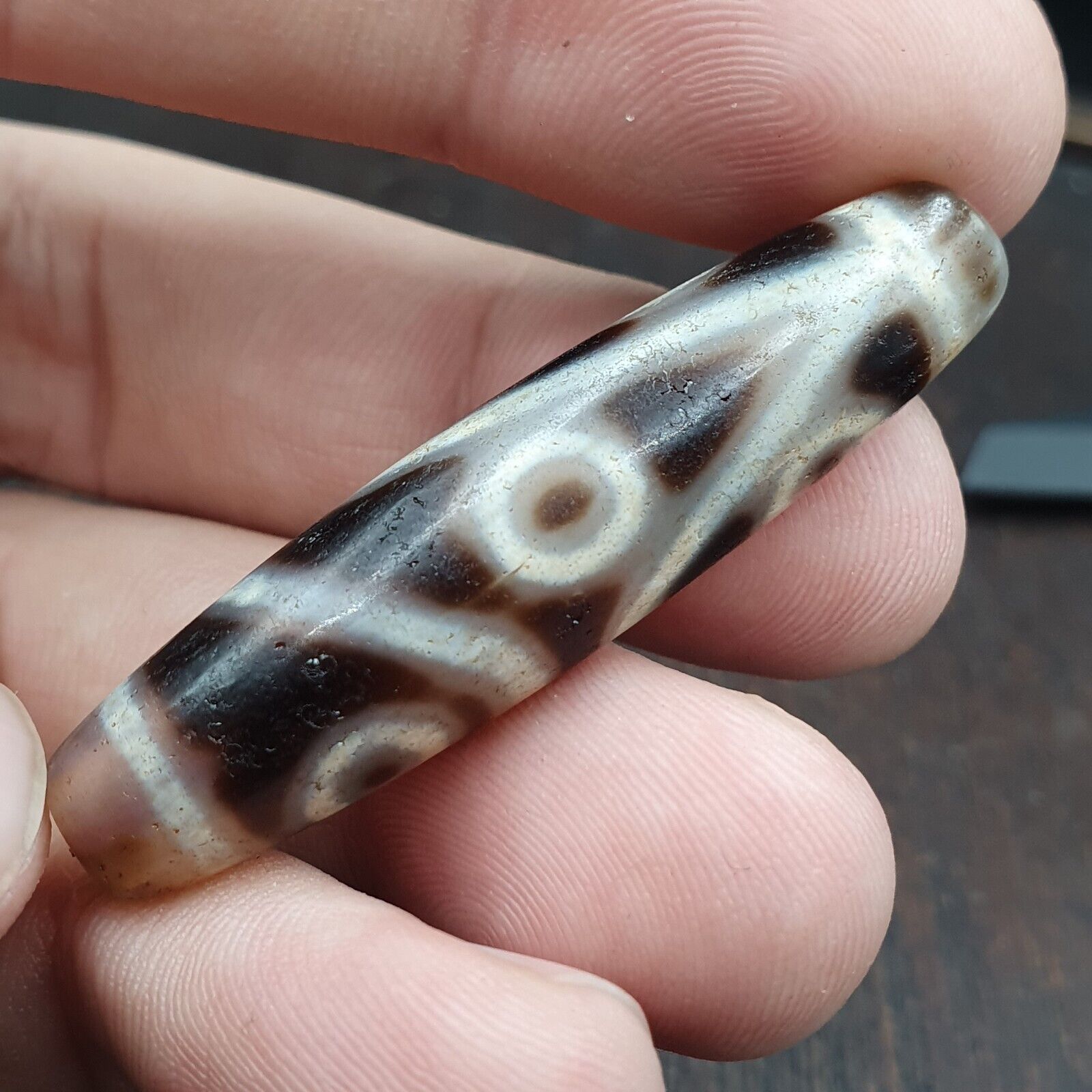 Very Rare 5 eyes Unique Pattern Himalayan Indo Tibetan Agate Dzi Bead Amulet