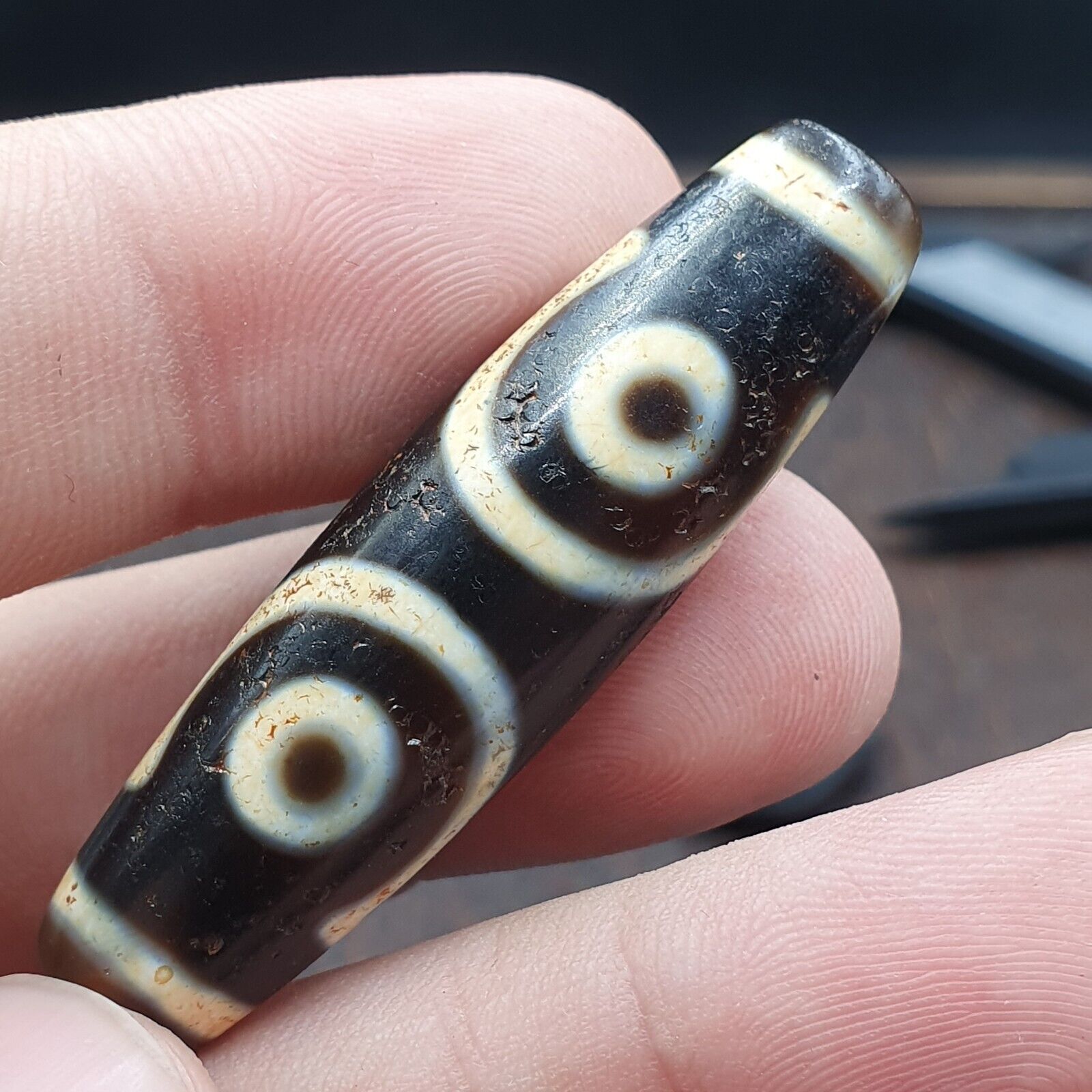Himalayan Tibetan 3 Eye Dzi Bead Amulet with Nice Soft Patina