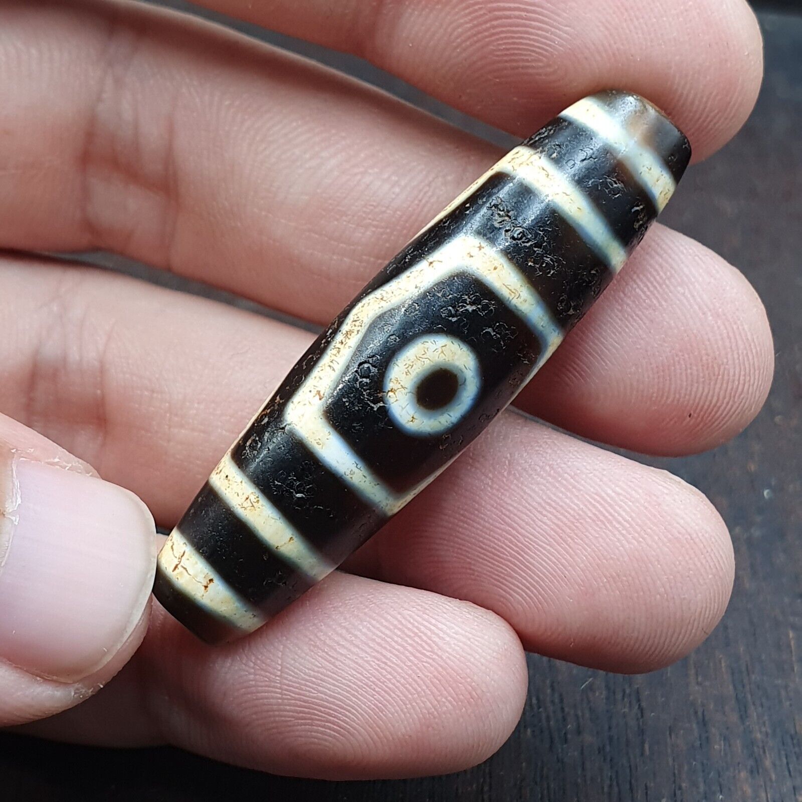 Himalayan Tibetan 3 Eye Dzi Bead Amulet with Nice Soft Patina