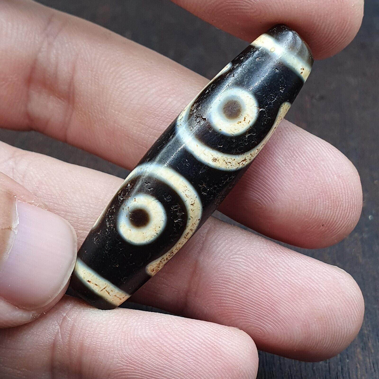 Himalayan Tibetan 3 Eye Dzi Bead Amulet with Nice Soft Patina