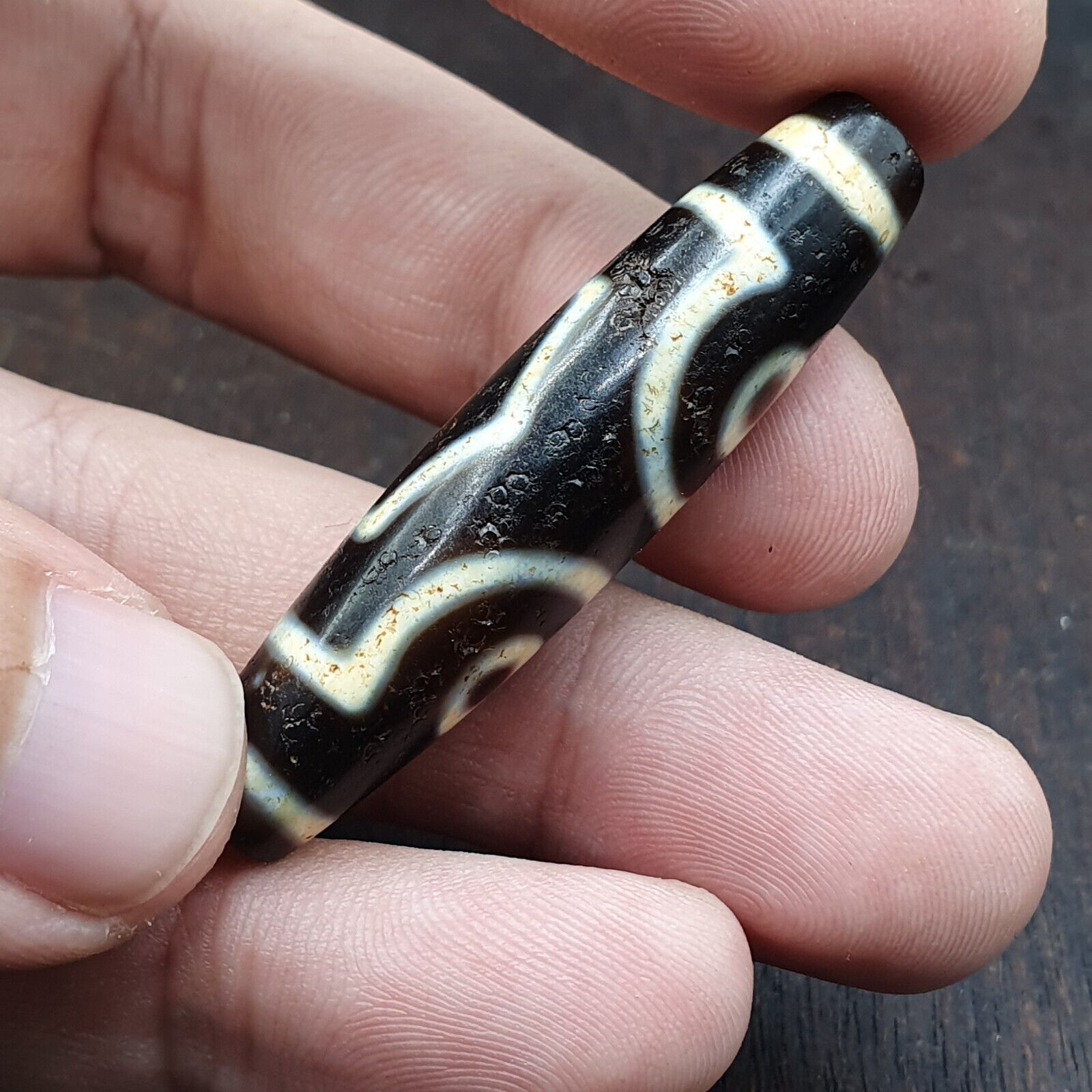 Himalayan Tibetan 3 Eye Dzi Bead Amulet with Nice Soft Patina