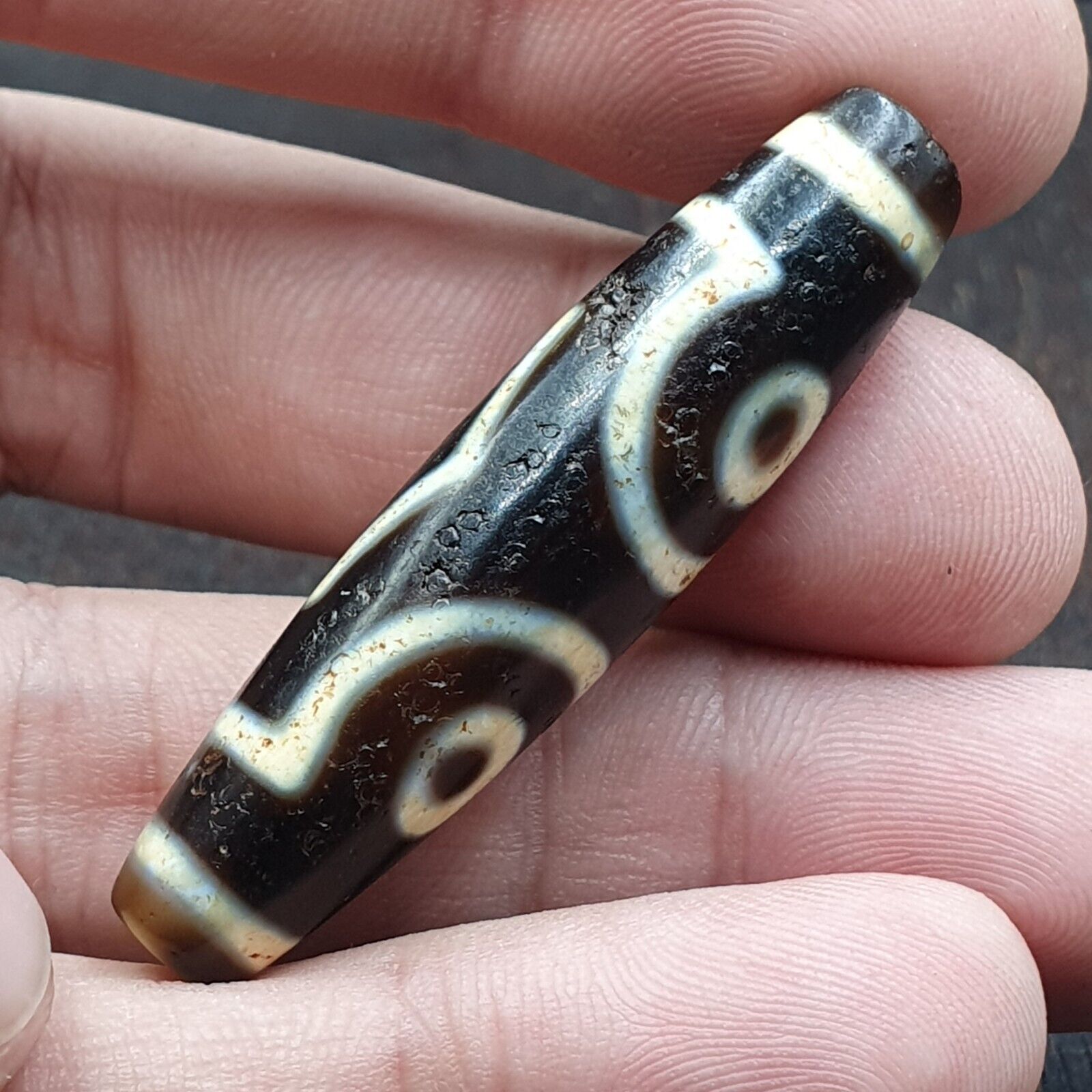 Himalayan Tibetan 3 Eye Dzi Bead Amulet with Nice Soft Patina