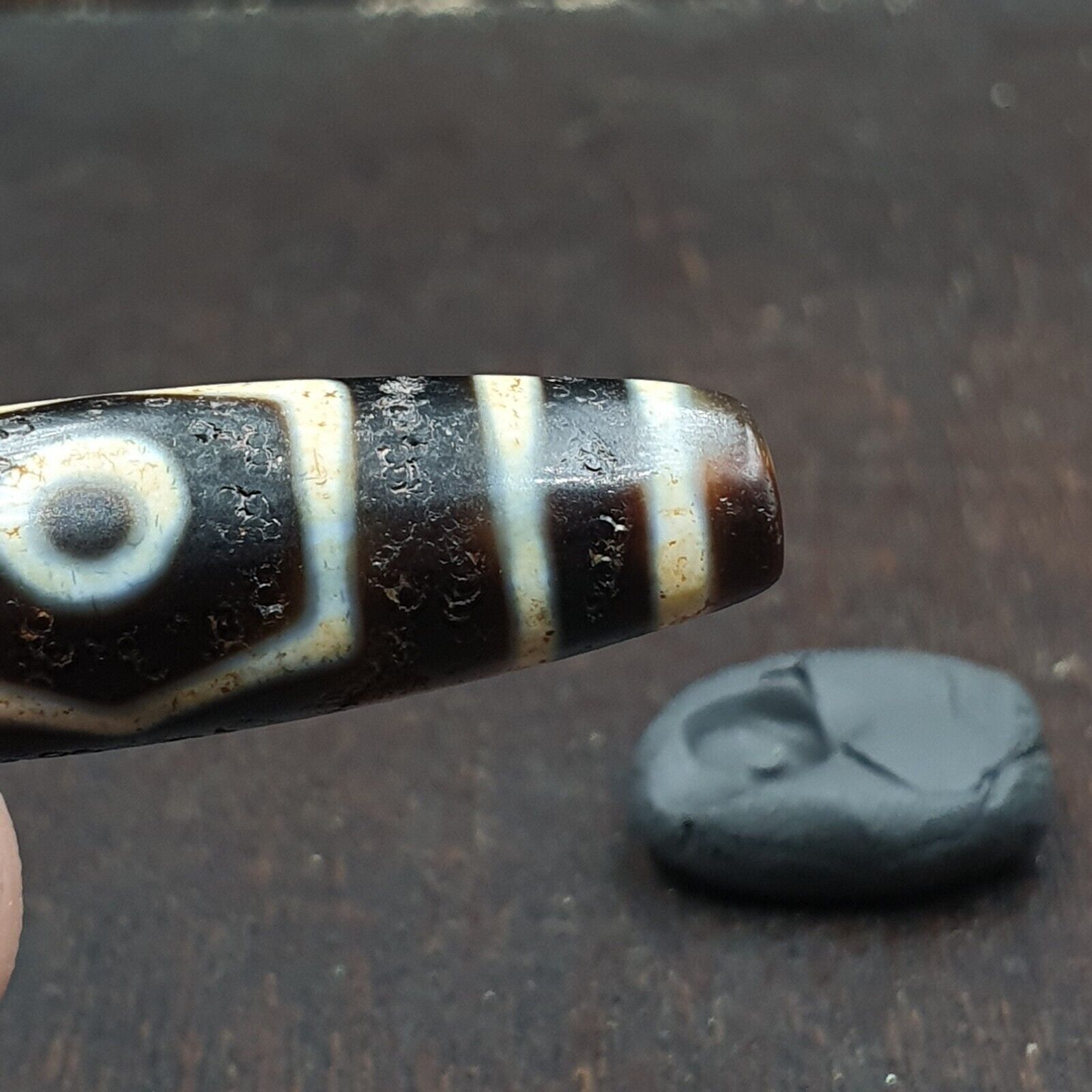 Himalayan Tibetan 3 Eye Dzi Bead Amulet with Nice Soft Patina