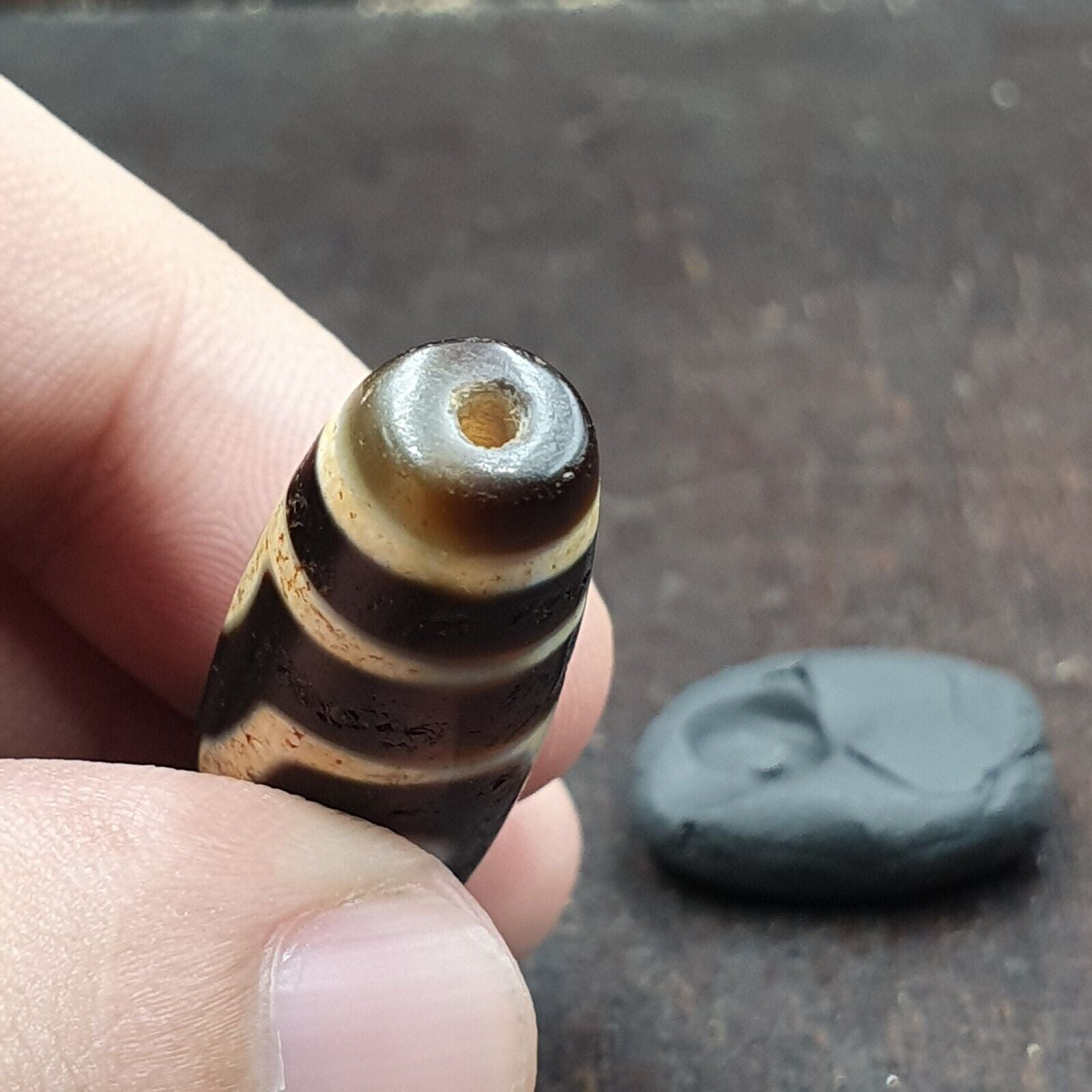 Himalayan Tibetan 3 Eye Dzi Bead Amulet with Nice Soft Patina