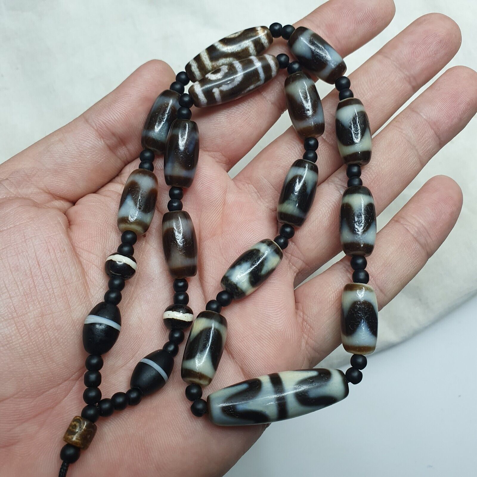 Antique High Quality Tibetan Tigertoth Pattern Agate Dzi Beads Amulet Mala