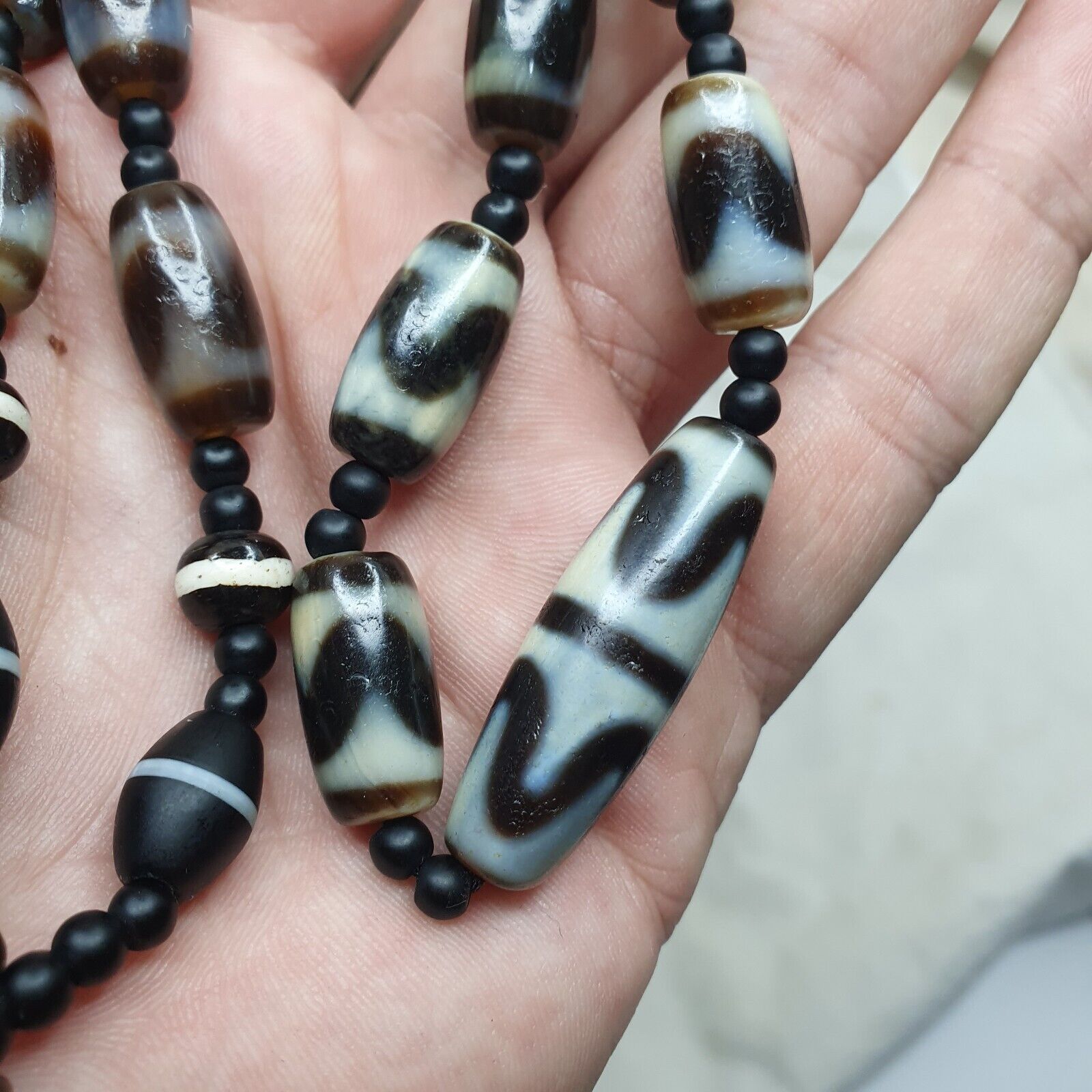 Antique High Quality Tibetan Tigertoth Pattern Agate Dzi Beads Amulet Mala