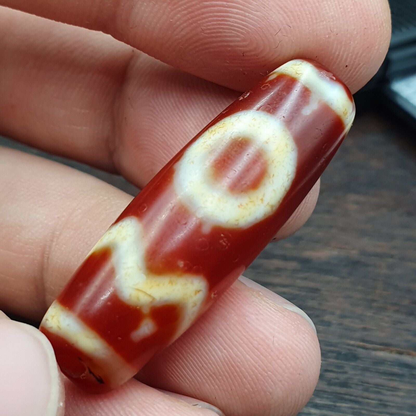 Himalayan Tibetan Carnelian Unique 2 Eyes Red Agate Dzi Amulet Bead C16
