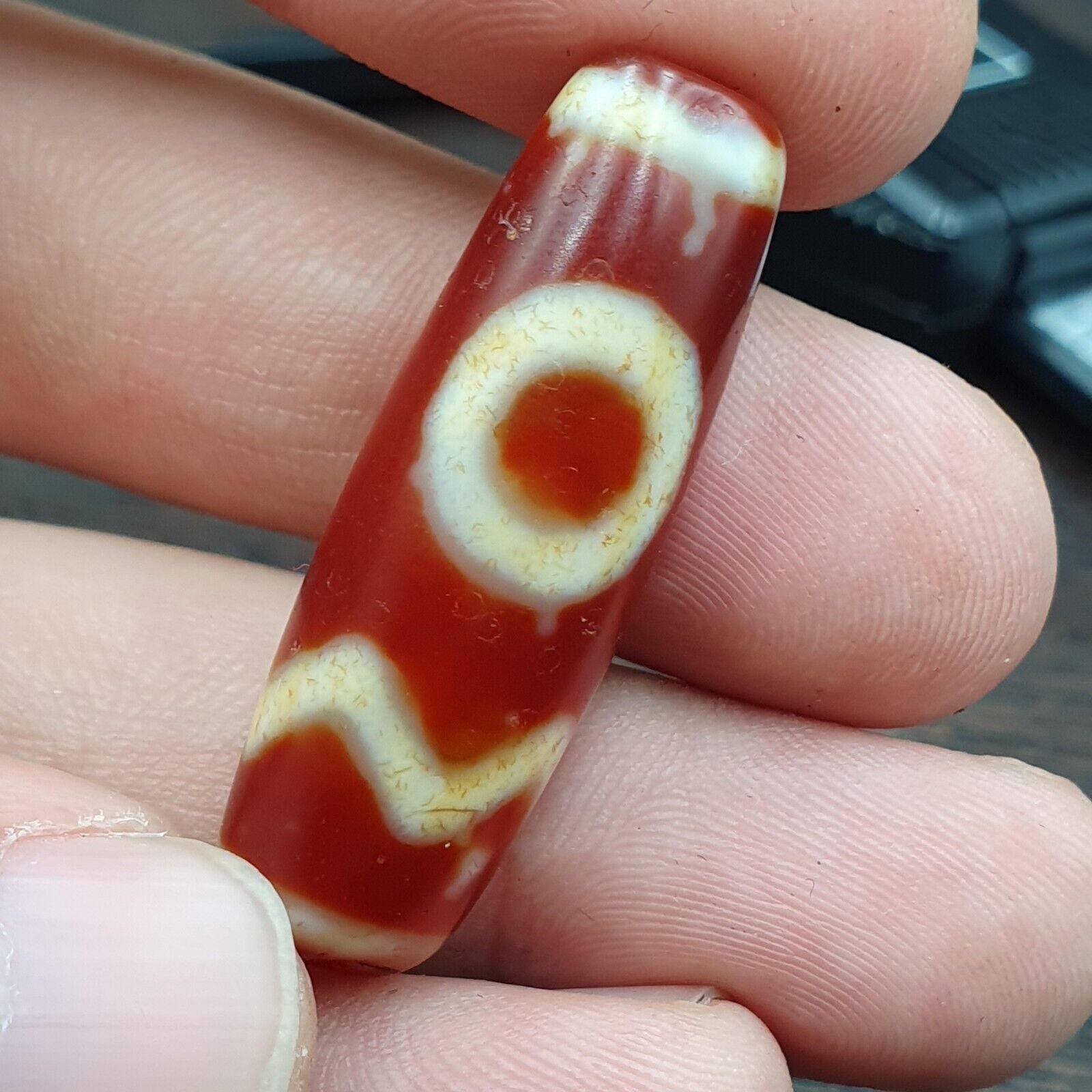 Himalayan Tibetan Carnelian Unique 2 Eyes Red Agate Dzi Amulet Bead C16