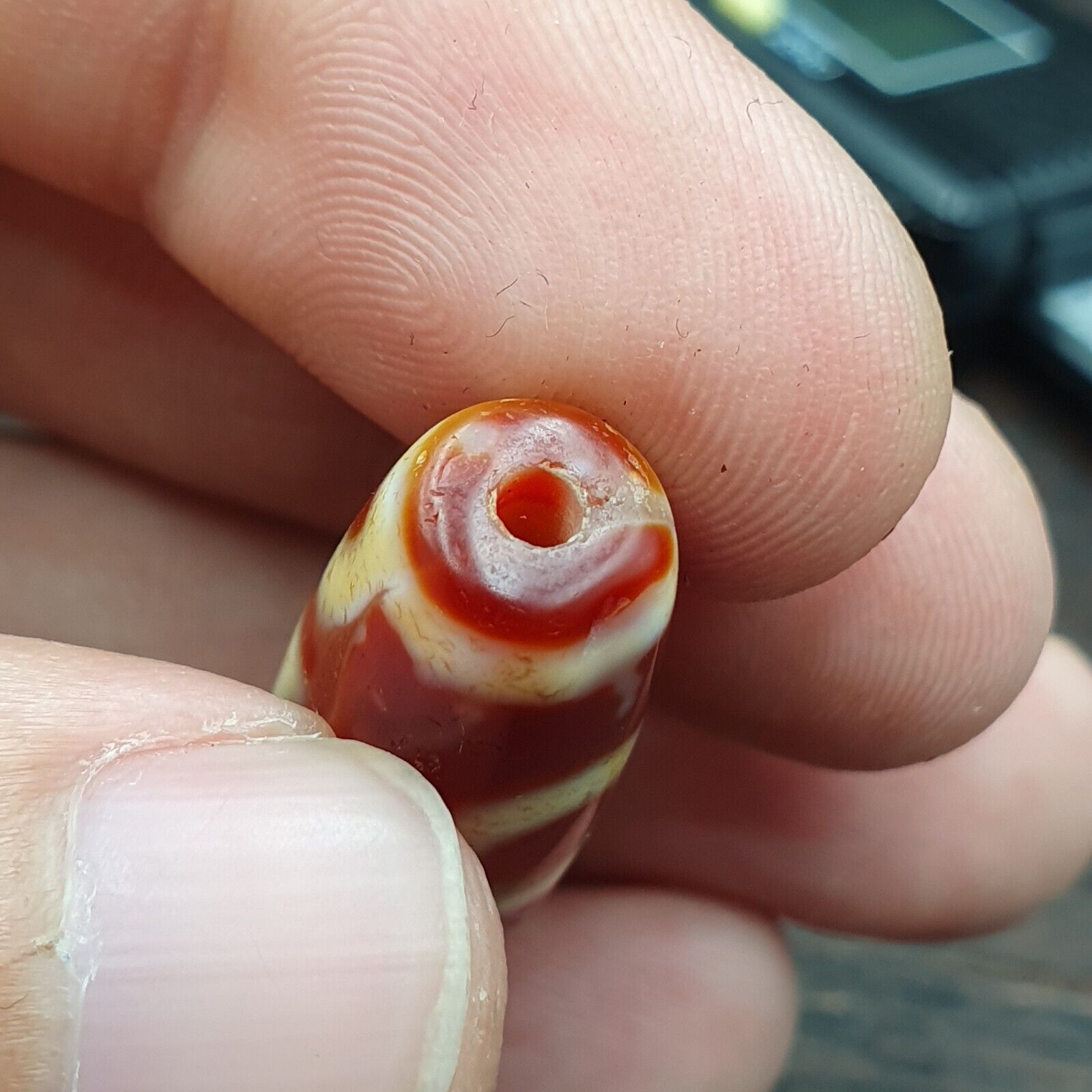 Himalayan Tibetan Carnelian Unique 2 Eyes Red Agate Dzi Amulet Bead C16