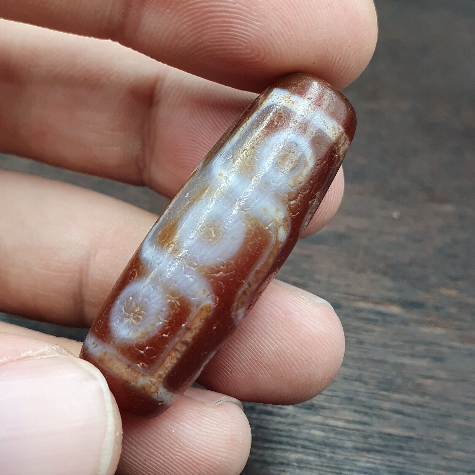Himalayan Tibetan Carnelian 9 Falling Eyes Red Agate Dzi Amulet Bead C17