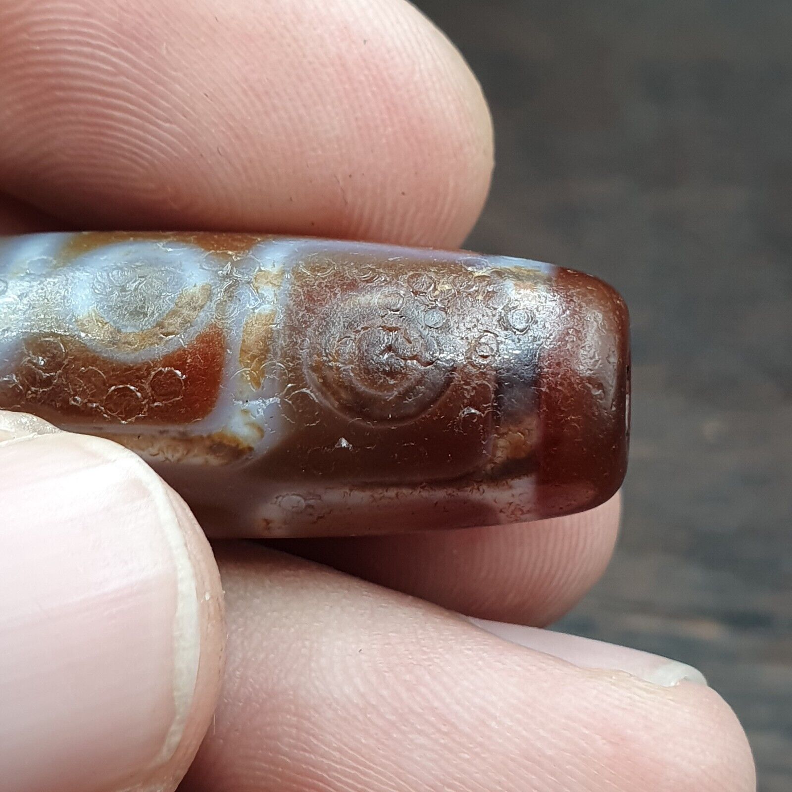 Himalayan Tibetan Carnelian 9 Falling Eyes Red Agate Dzi Amulet Bead C17
