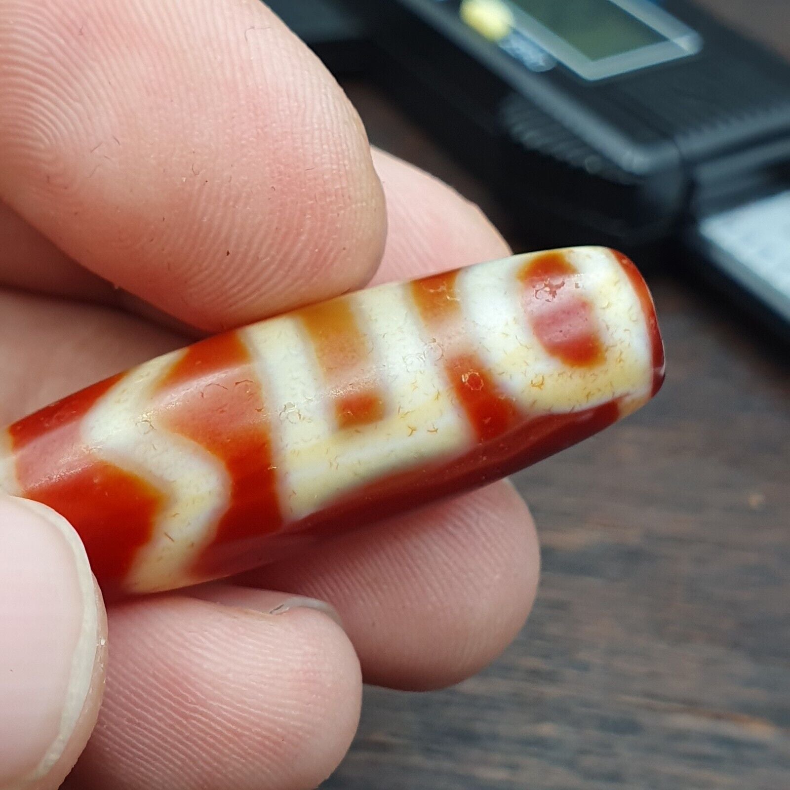 Himalayan Tibetan Carnelian Unique 2 Eyes Red Agate Dzi Amulet Bead C16