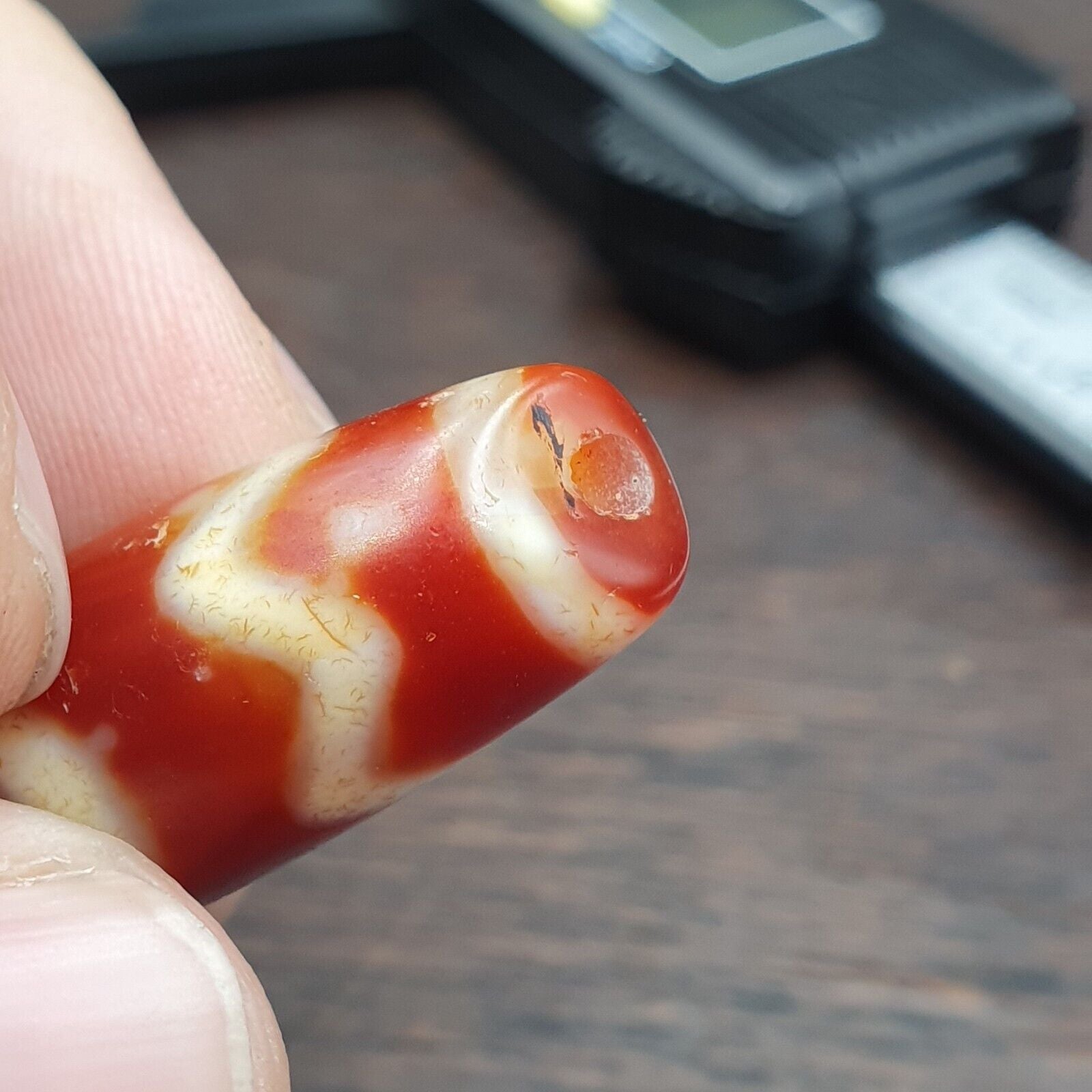 Himalayan Tibetan Carnelian Unique 2 Eyes Red Agate Dzi Amulet Bead C16