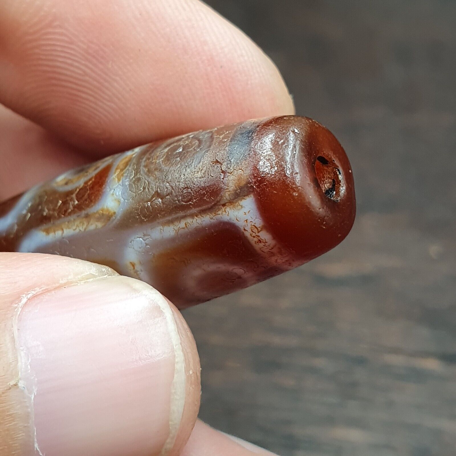 Himalayan Tibetan Carnelian 9 Falling Eyes Red Agate Dzi Amulet Bead C17