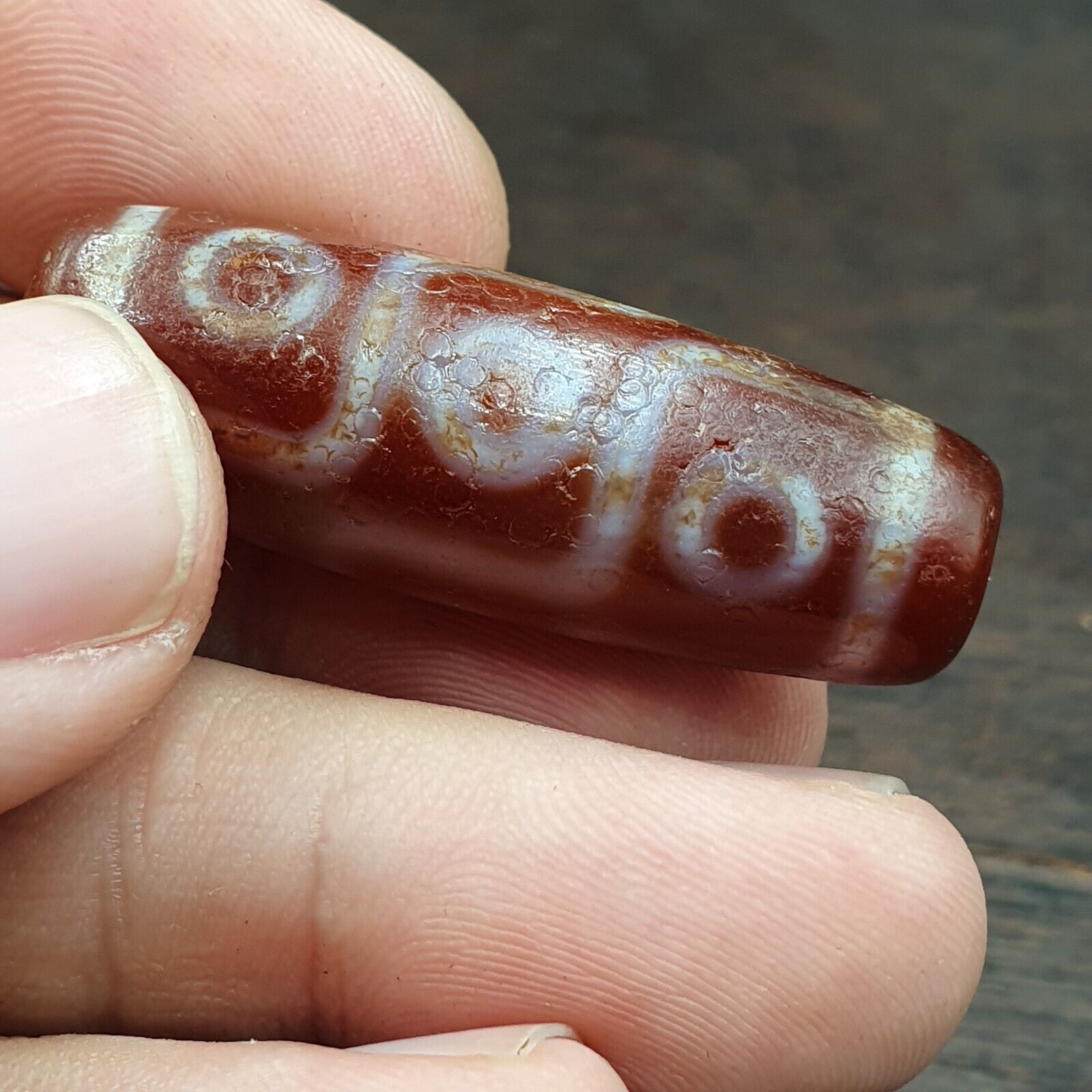 Himalayan Tibetan Carnelian 9 Falling Eyes Red Agate Dzi Amulet Bead C17