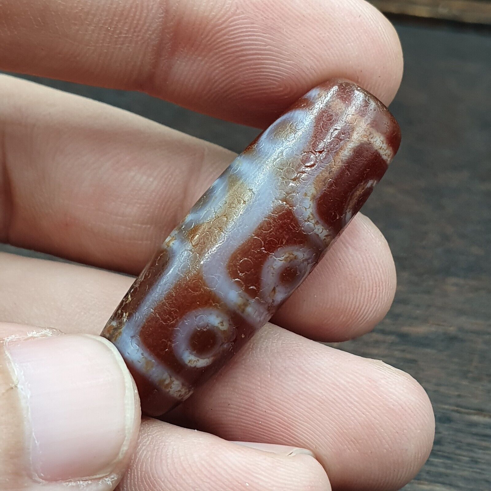 Himalayan Tibetan Carnelian 9 Falling Eyes Red Agate Dzi Amulet Bead C17