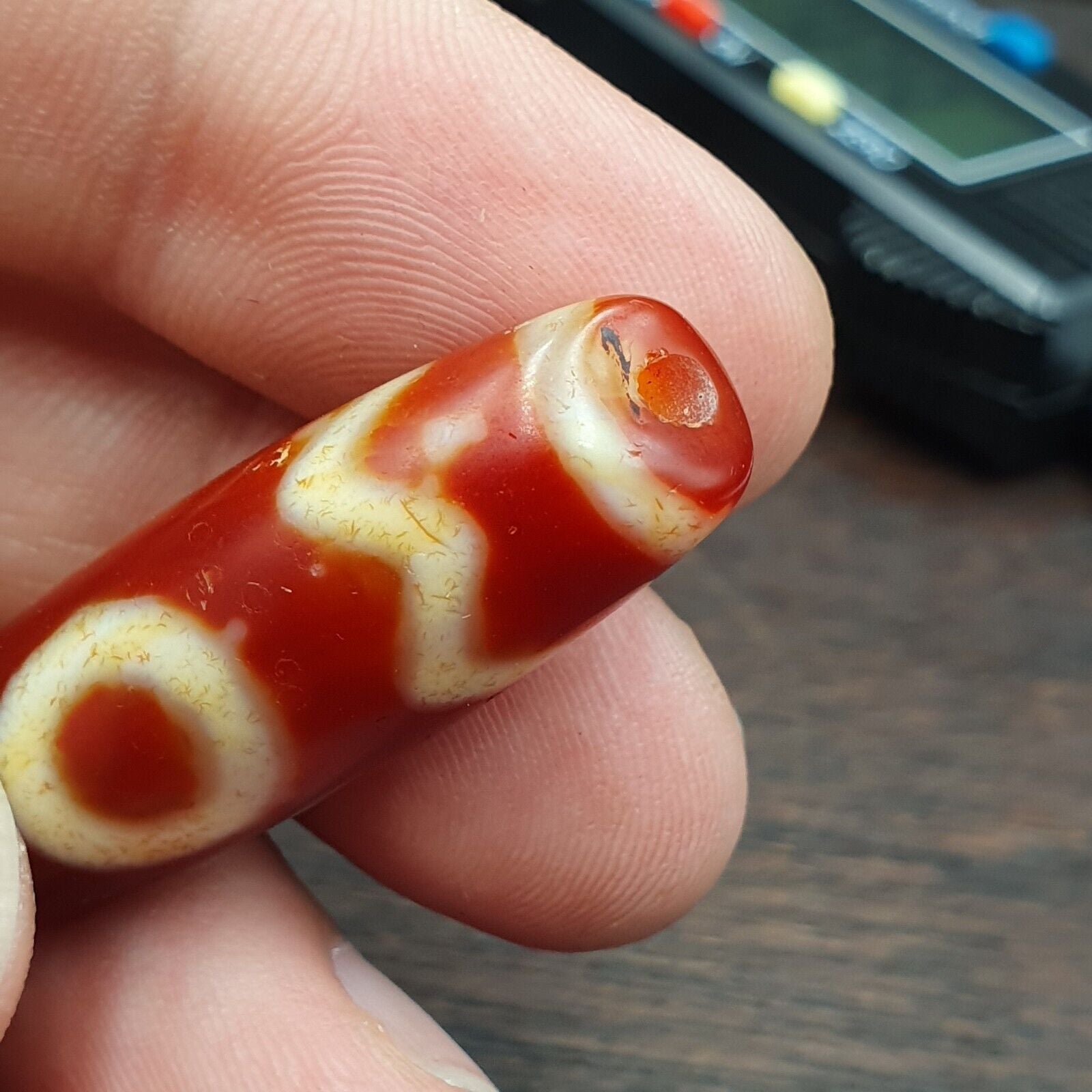 Himalayan Tibetan Carnelian Unique 2 Eyes Red Agate Dzi Amulet Bead C16