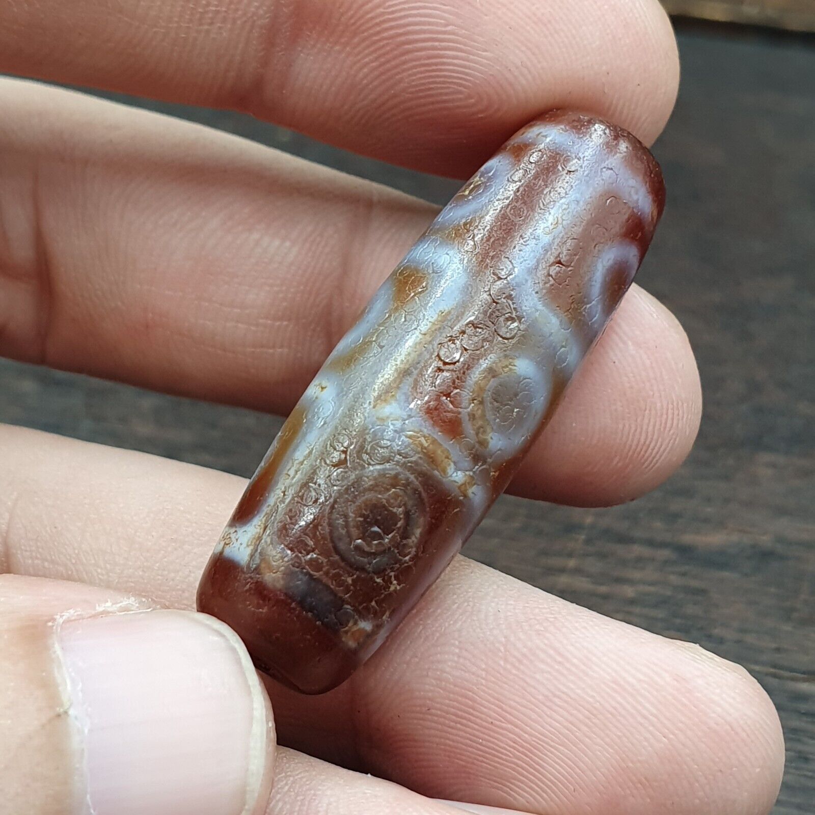 Himalayan Tibetan Carnelian 9 Falling Eyes Red Agate Dzi Amulet Bead C17