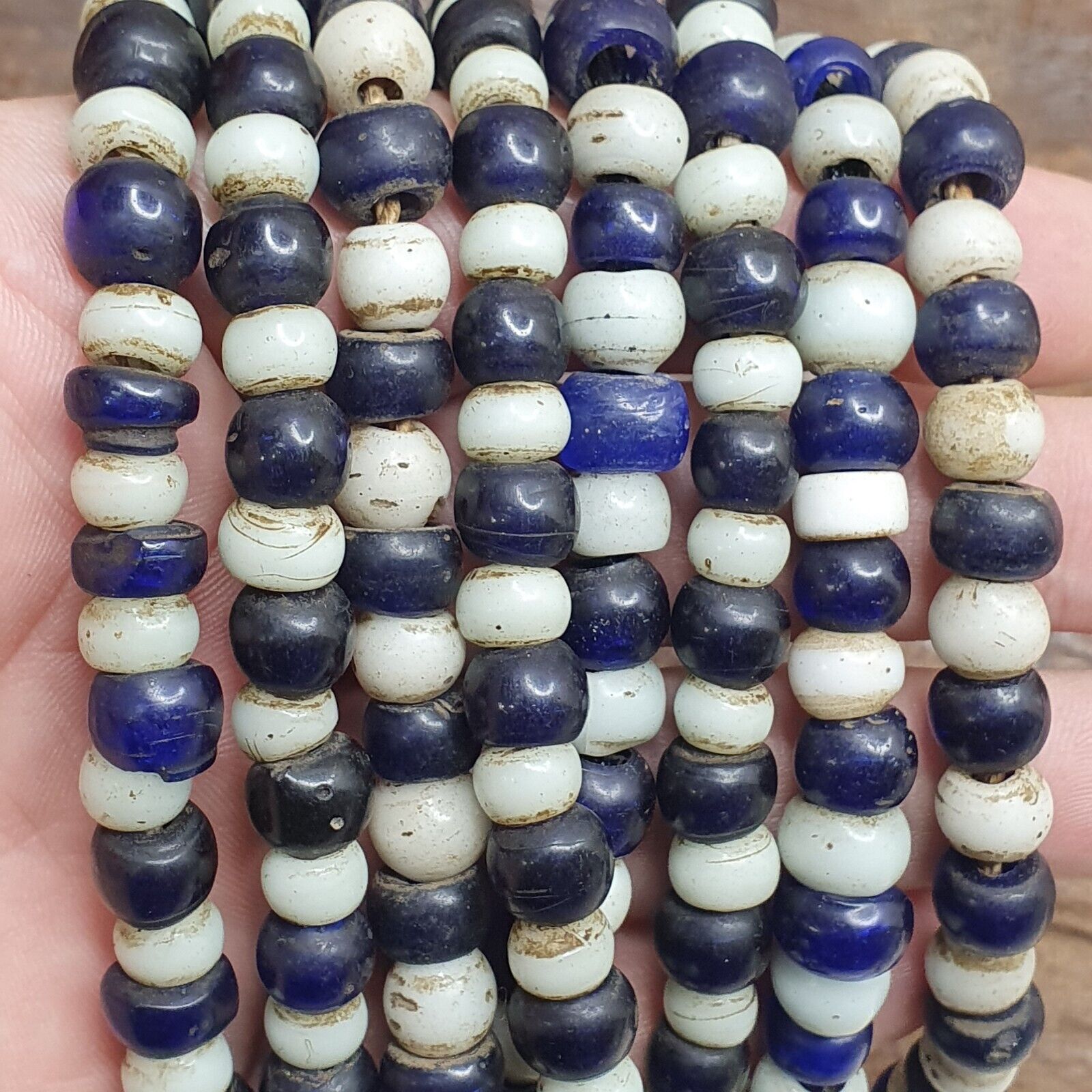 Antique Dutch lamp work African trade cobalt blue &white Beads 28" Long Strand
