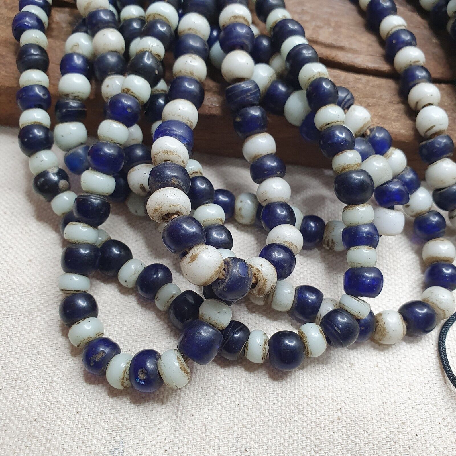 Antique Dutch lamp work African trade cobalt blue &white Beads 28" Long Strand