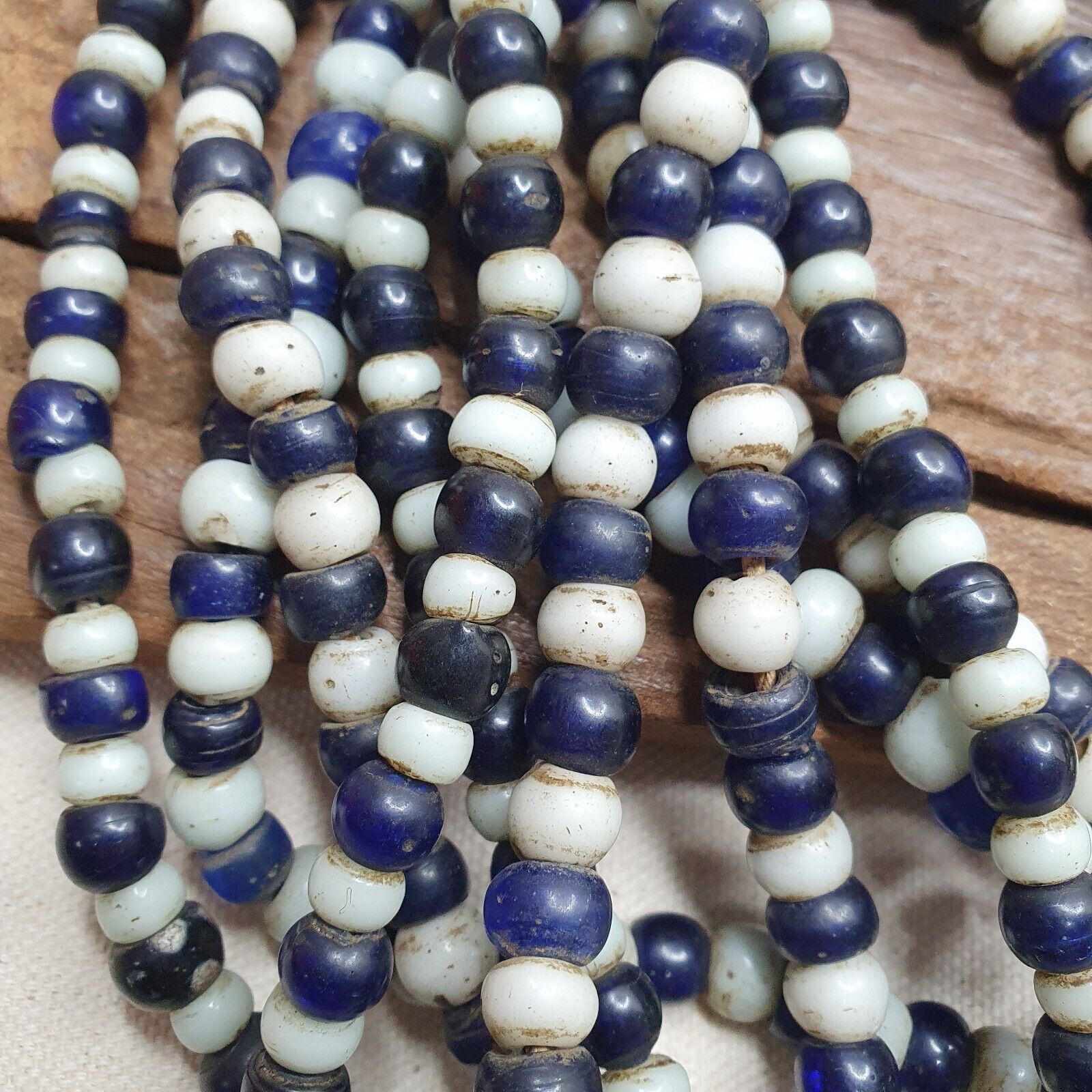 Antique Dutch lamp work African trade cobalt blue &white Beads 28" Long Strand